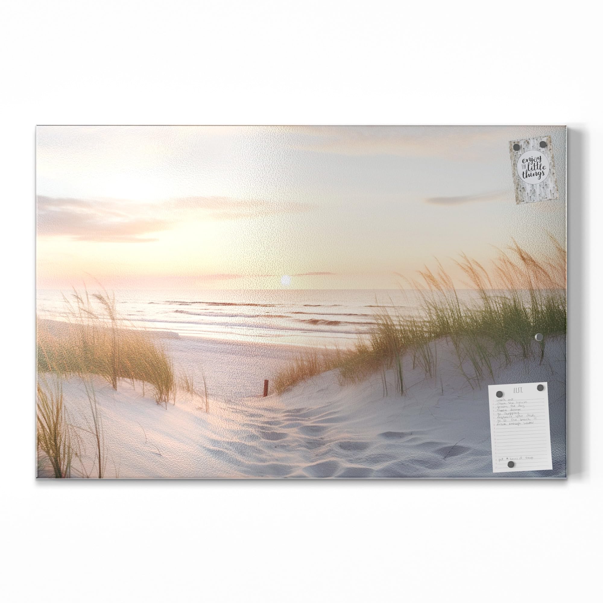 DEQORI Metalowa tablica magnetyczna | wymiary 90 x 60 cm | motyw "Wieczór odpoczynku na plaży" | tablica suchościeralna na wszystkich magnesach | tablica magnetyczna do kuchni i biura | designerska