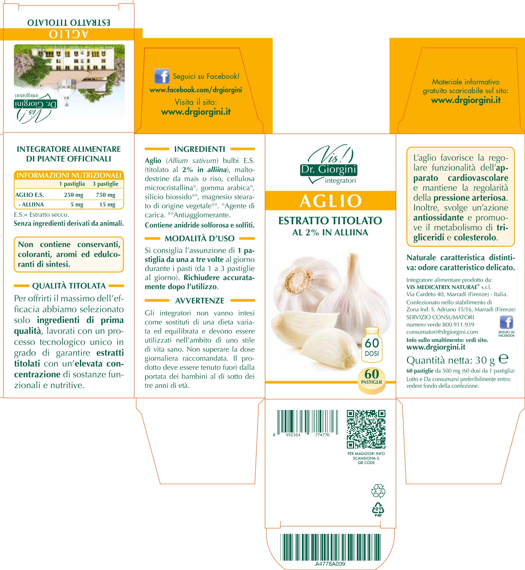 Dr Giorgini Integratore Alimentare, Monocomponenti Erbe Aglio Estratto Titolato al 2% in Allina Pastiglie - 30 g