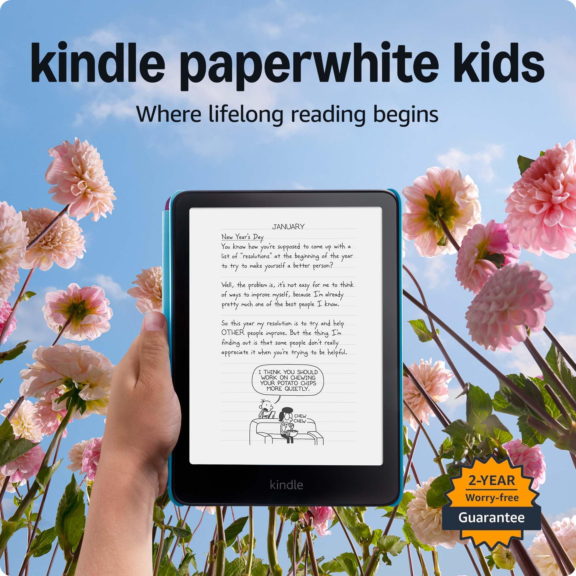 AmazonKindle Paperwhite Kids 16GB (newest model) – Larger 7" glare-free display. Kids read an average of 1+ hour per day with Kindle – Diary of a Wimpy KidRecycled Content Certification for Electrical and Electronic Equipment