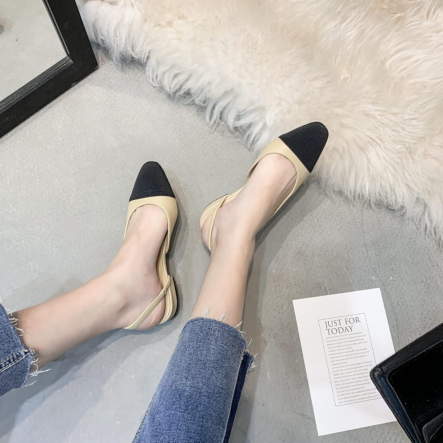 LEHOOR Chunky Heel Slingback Pumps Cap Toe Two Toned for Women, Mid Block Heel Almond Pointy Toe Sandals Quarter Strap Hollowed Backless D’Orsay Slip On Sandals Office Party Prom 5-13 M US - Image 3