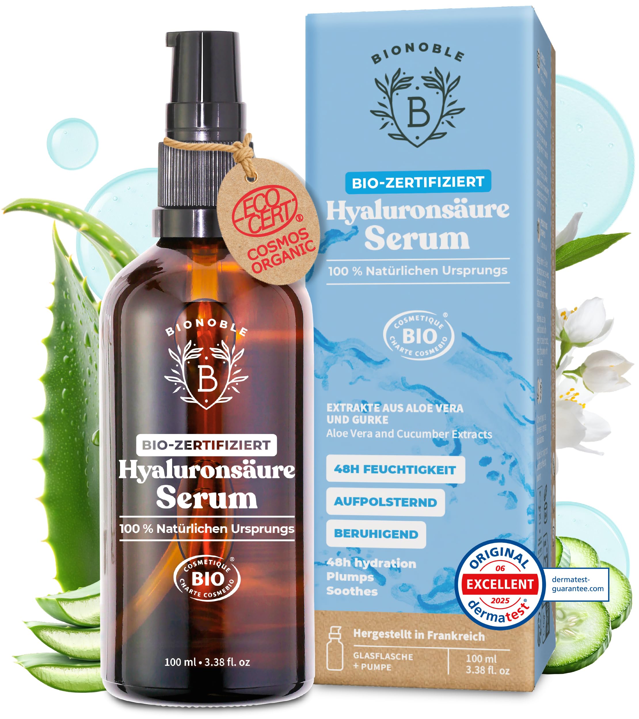 BIONOBLE Hyaluron Serum hochdosiert BIO-zertifiziert - Hyaluronsäure Anti Aging und Anti Falten - 100% natürlichen Ursprungs, Vegan - Glasflasche mit Pumpe - Hyaluronic Acid Serum Gesicht - 100ml