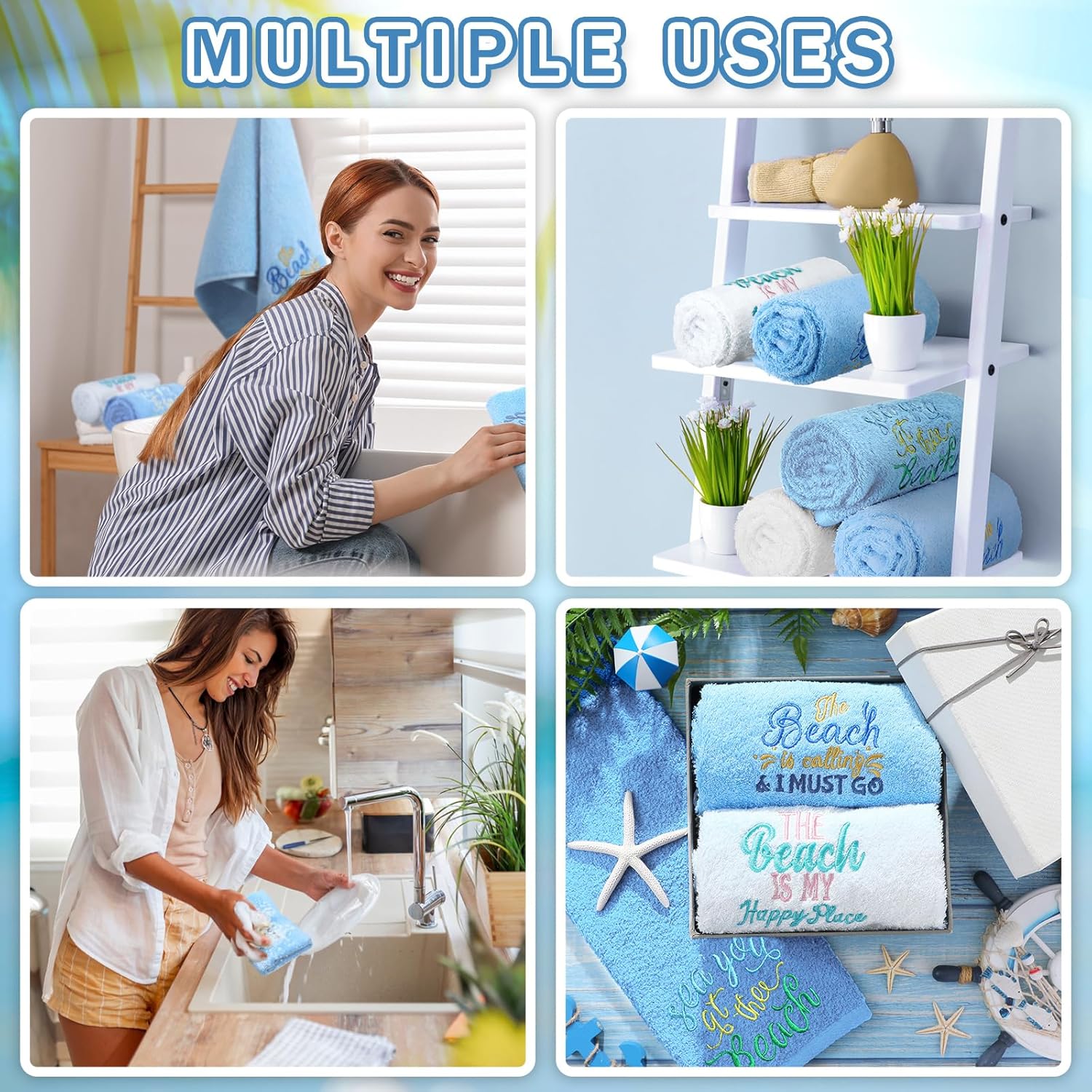 3 Pack Coastal Hand Towels for Bathroom 100% Cotton Embroidered Bathroom Towels 13.78 x 29.53 Inch Hand Towels Soft Absorbent Cotton Towel(Blue Series,Beach) - Image 6