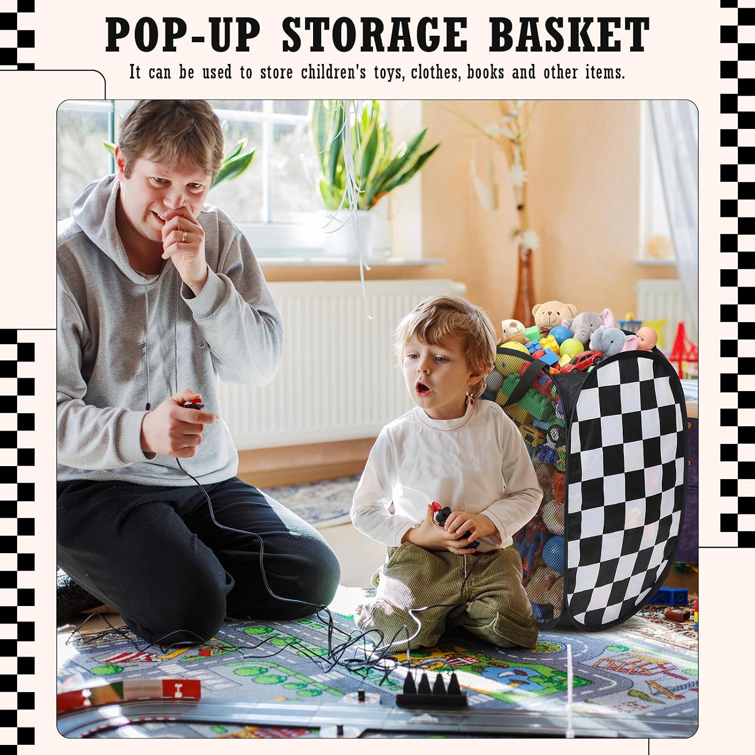 Remerry Collapsible Laundry Basket Hamper 22 x 14 Inches Foldable Pop up Clothes Storage with Handles Black White Checkered for Home and Travel
