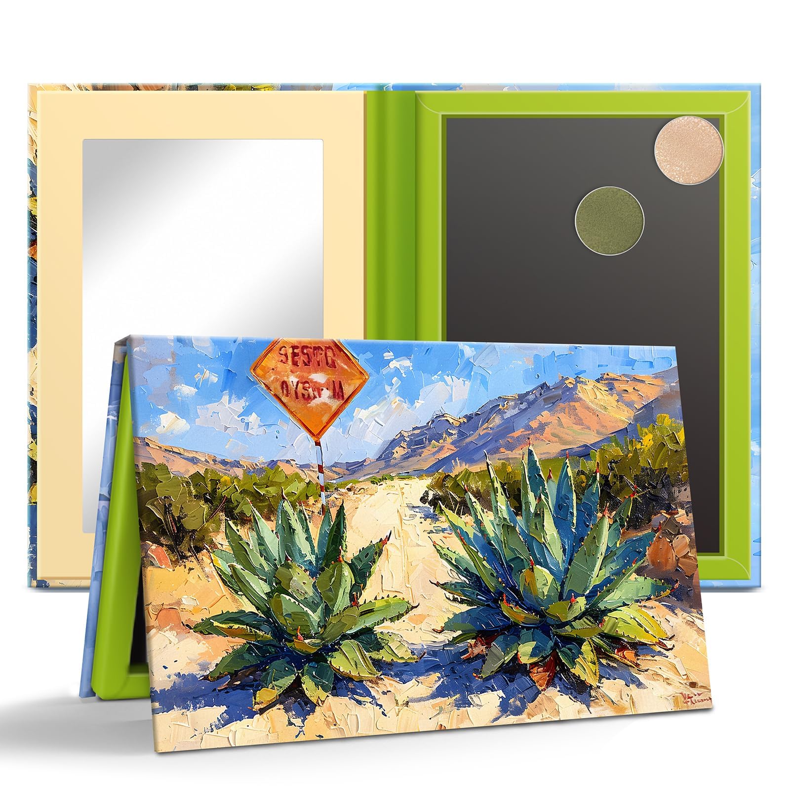 PINELIFE Magnetic Eyeshadow Palette, Empty Makeup Palette With Mirror Inside, Oil-Painting Embossed Design Art Paper Makeup Organizer DIY (Desert Star