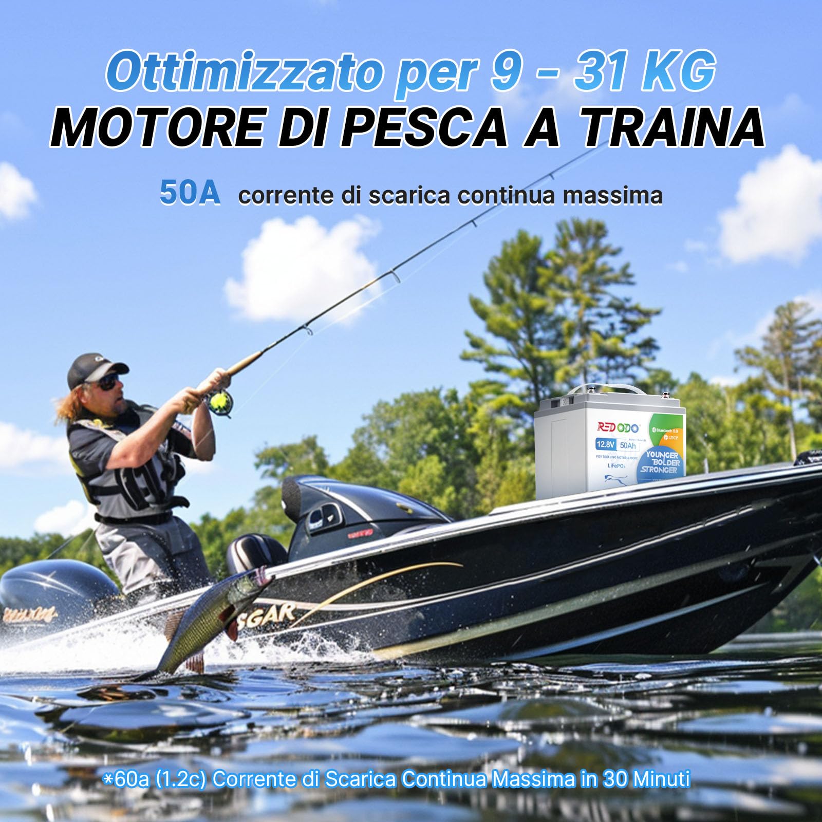 Redodo 12V 50Ah(1 PACK) Batteria LiFePO4 640Wh Batteria Litio con Bluetooth Resistente all'Umidità e alle Basse Temperature Protezione BMS Avanzata Ideale per Motori di Pesca a Traina