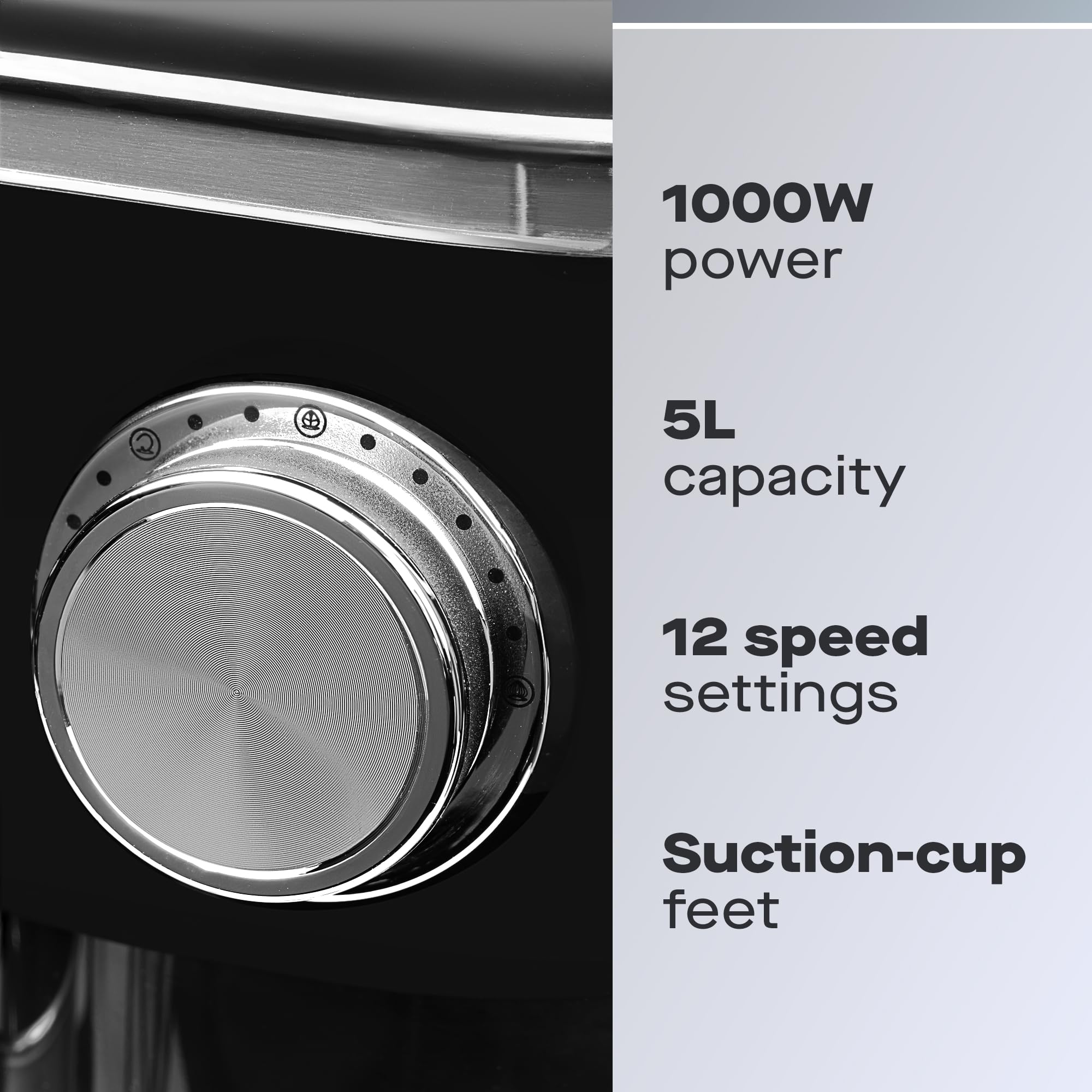 Daewoo Batidora de pie de 5 litros, cuenco de acero inoxidable de 5 litros, accesorios incluidos, Splash Gard incluye cierre, 12 velocidades incluyendo función de pulso, motor de 1000 W, patas de