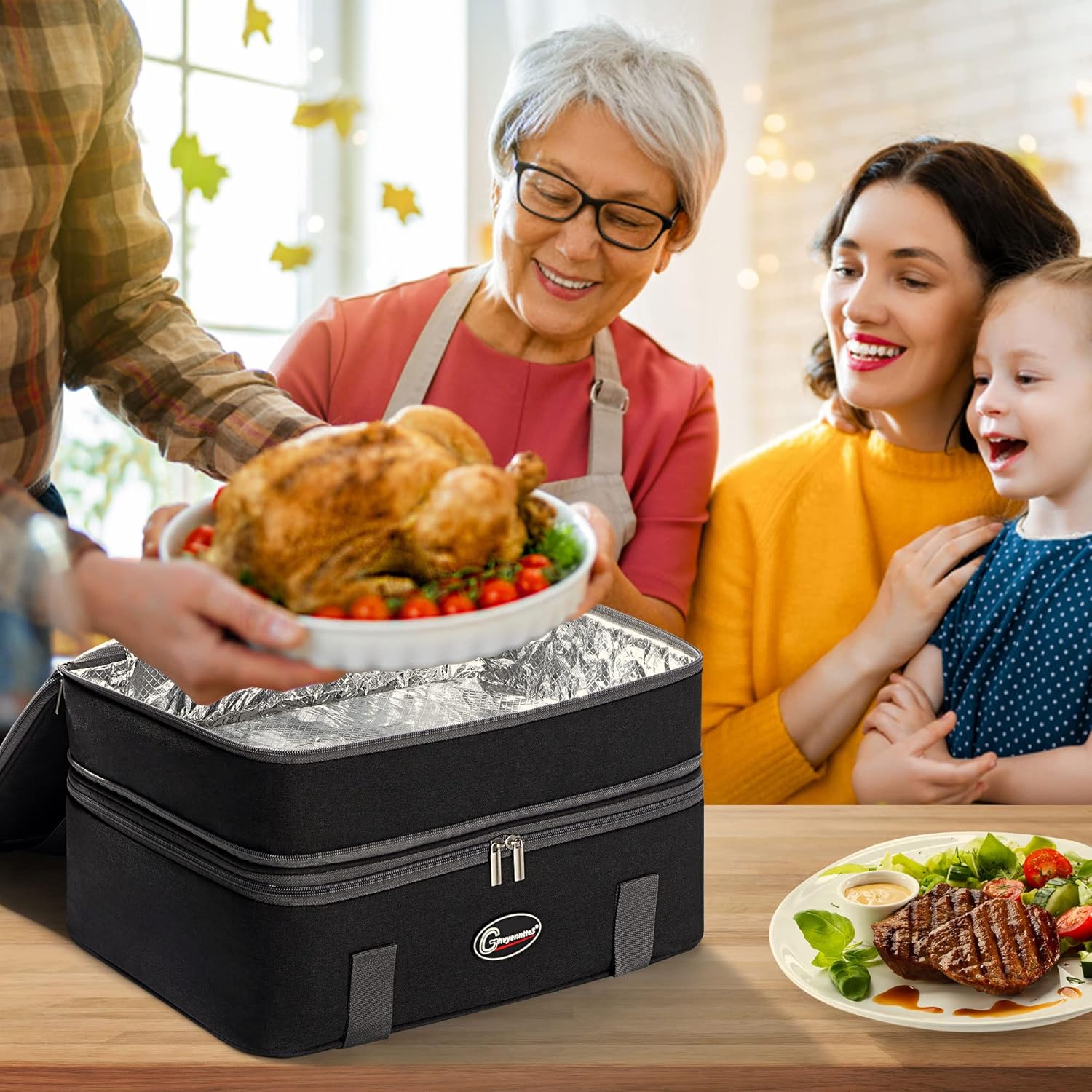 GhvyenntteS Insulated Casserole Carrier, Double Casserole Carriers for Hot or Cold Food Warmer Bag, Lasagna Lunch Bag Keep Food Warm for Potluck Parties, Picnic, Travel, Fits 9"x13" Baking Dish, Black