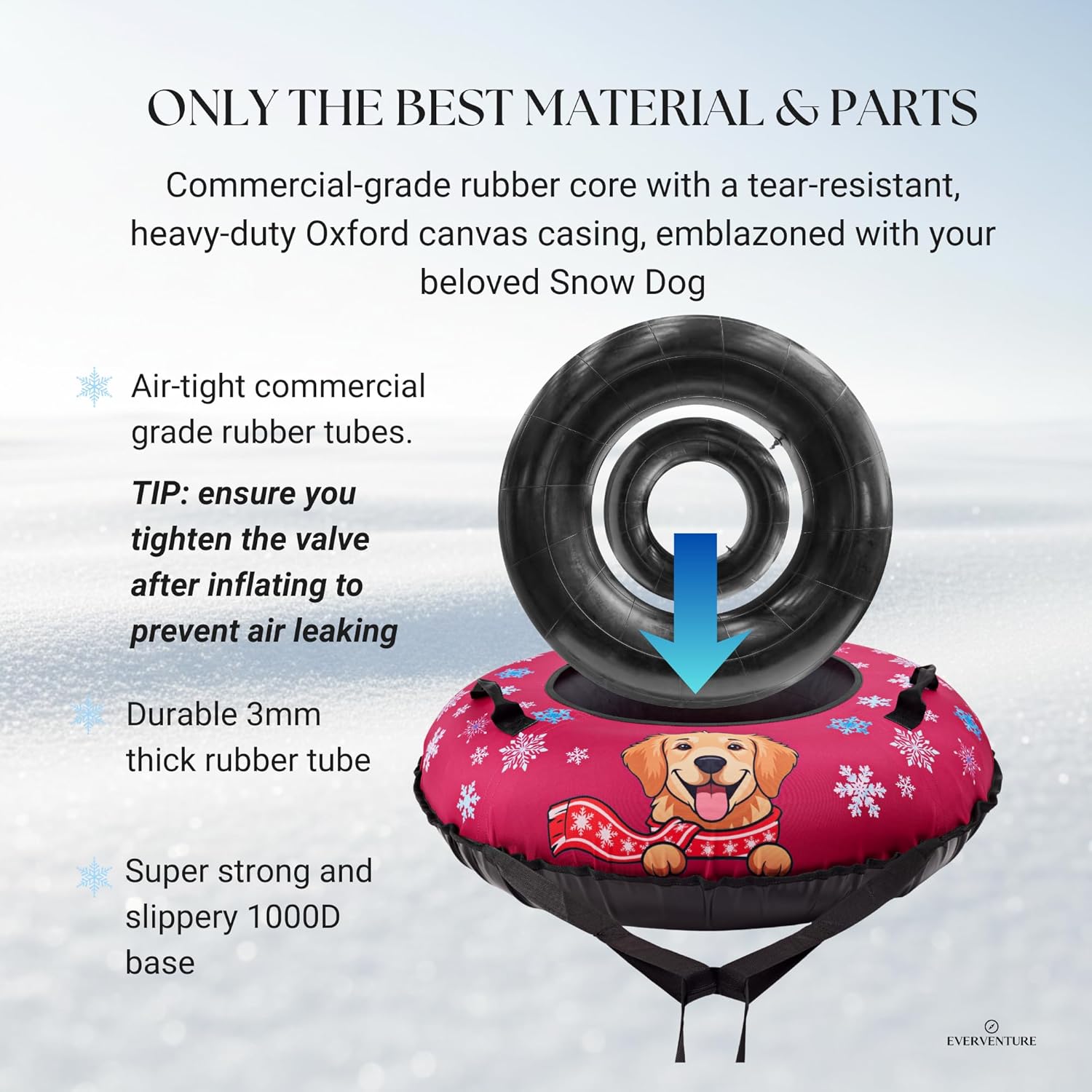 Snow Tube for Adults & Kids | Heavy Duty Inflatable Snow Tube with Super Slick Base, Freeze-Proof 1000D Base | Durable Snow Sled for Kids | Snow Dog Series: Golden Retriever Purple