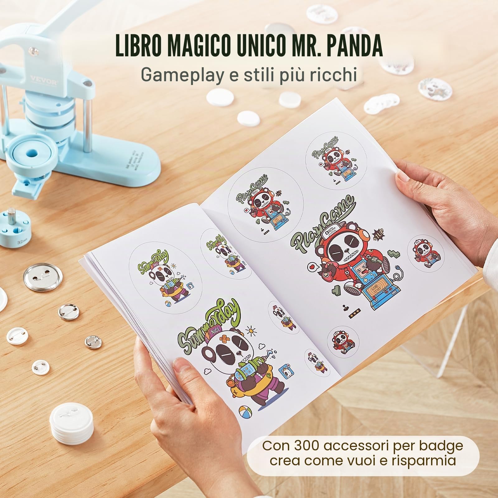 VEVOR Button Maker, 1/1.25/2.3 "(25/32/58mm) 3-in-1 Pin Maker, 300pcs Button Maker, macchina per la creazione di bottoni con libro magico panda, kit di punzonatura ergonomica con manico ad arco, per