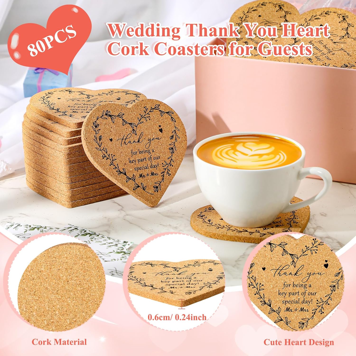 80 Sets Rustic Wedding Favor Coasters, Heart Cork Coasters for Guests, Mr & Mrs Coaster Favors with Thank You Cards & Organza Bags, Bridal Shower Party