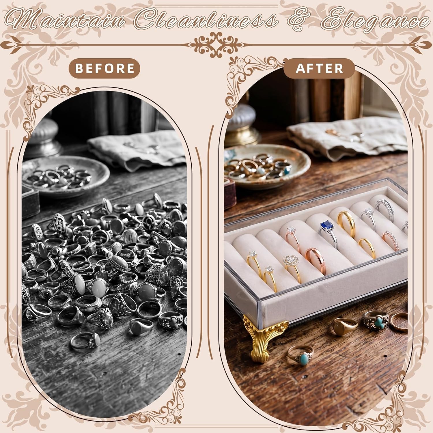 2 Pcs Vintage Velvet Slots Ring Holder for Jewelry Organizer 8x4 Inches Jewelry Storage Tray Organizer Holder Tray Showcase Decor for Women Mother Earring Display Stand for Selling Home Shop(White)