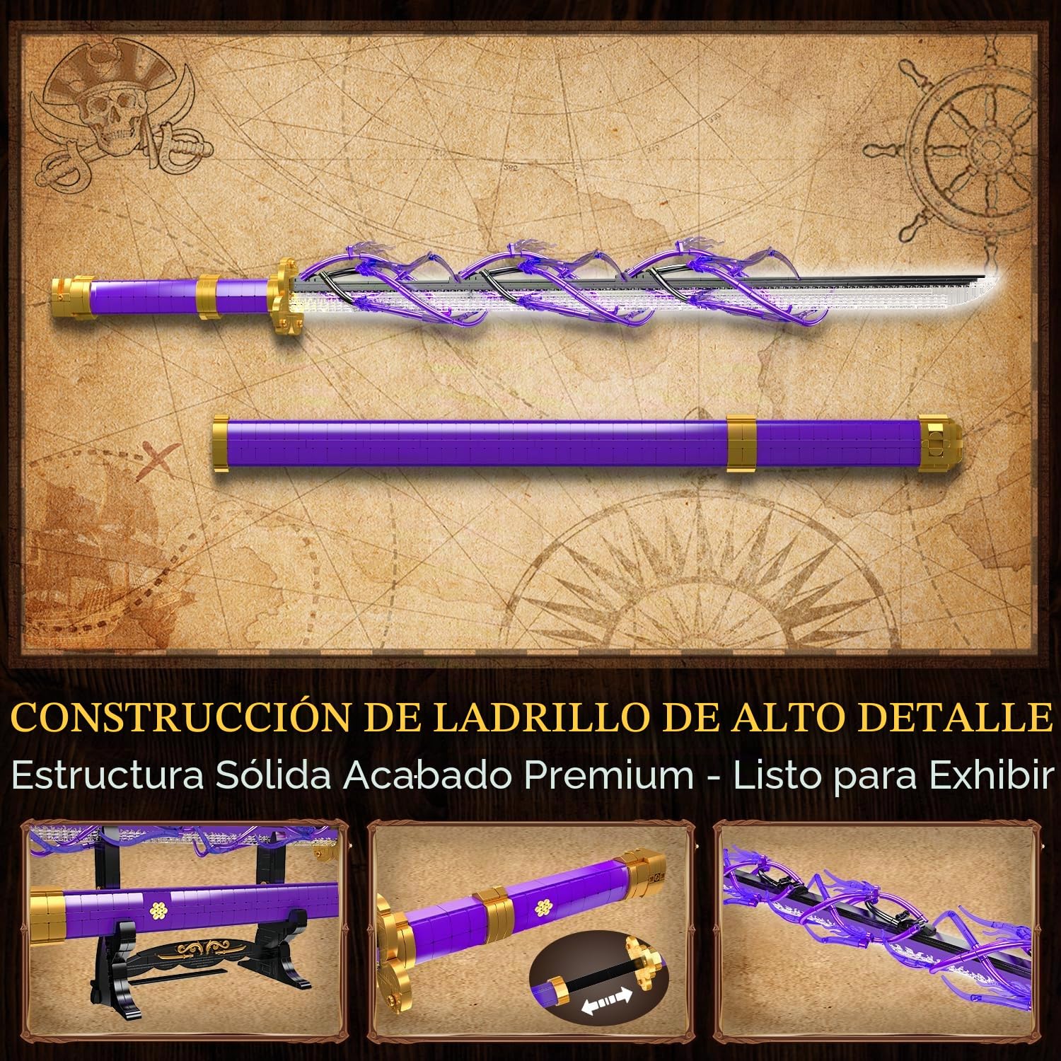 Mould King 10260 Espada Estilo Anime de Bloques de construcción con iluminación LED, Modelo de Sable Luminoso para Adultos, Espada Pirata-samurái de Cosplay con Funda y Base de exhibición