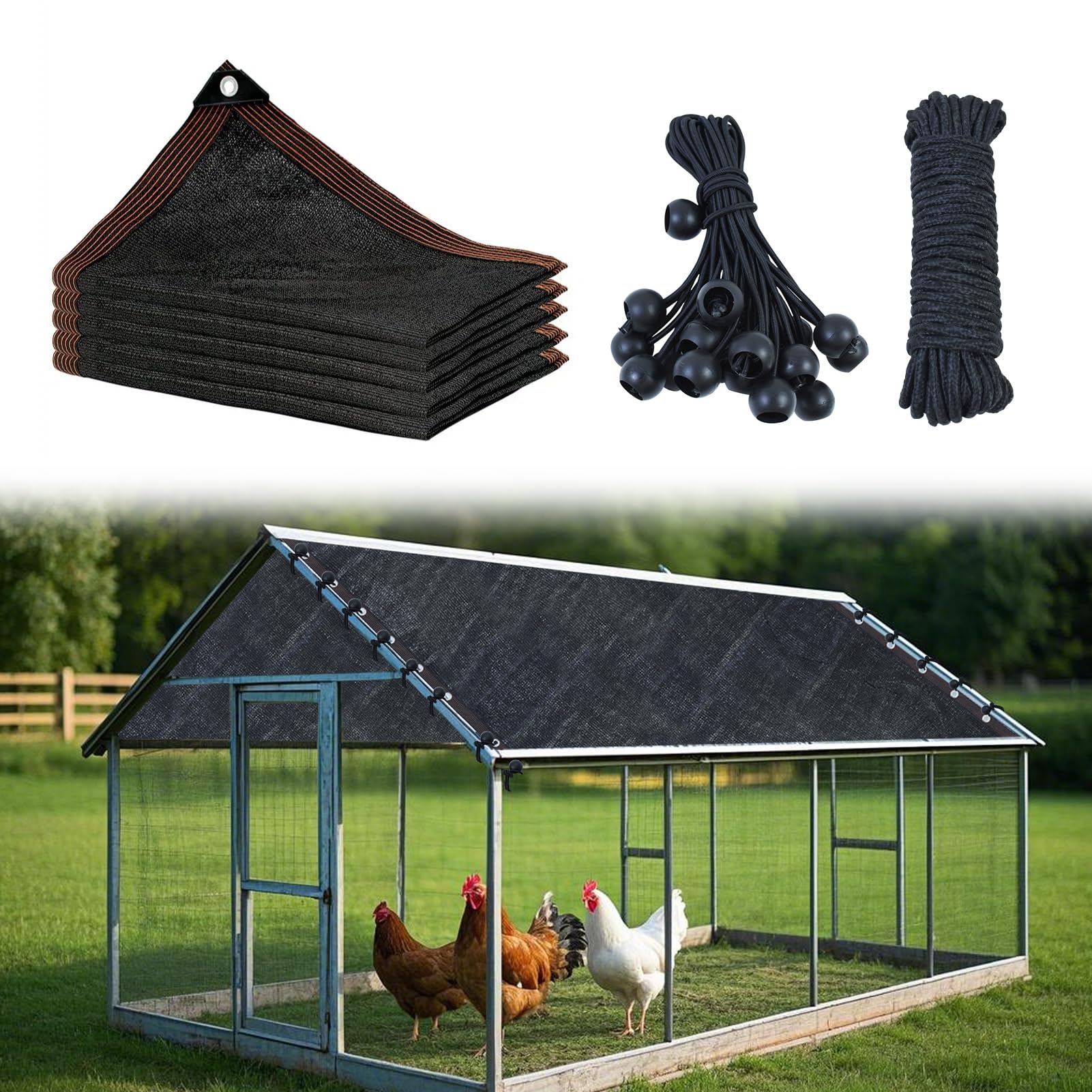 Black Chicken Coop Shade Cover, 11.5 * 6.6 FT UV 90% Shade Cloth with 20 Pcs Ball Bungees Cords, Chicken Cage Cover Chicken Run Sun Shade Mesh with