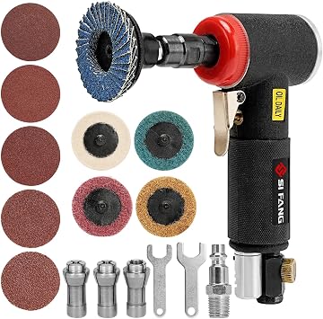 SI FANG 16Pcs Air Die Grinder Kit, Right Angle Die Grinder with 1/4" 1/8" Collets and 2" Quick Change Sanding Discs Accessories Set, 20,000RPM Pneumatic Air Grinding Tools Attachments Black