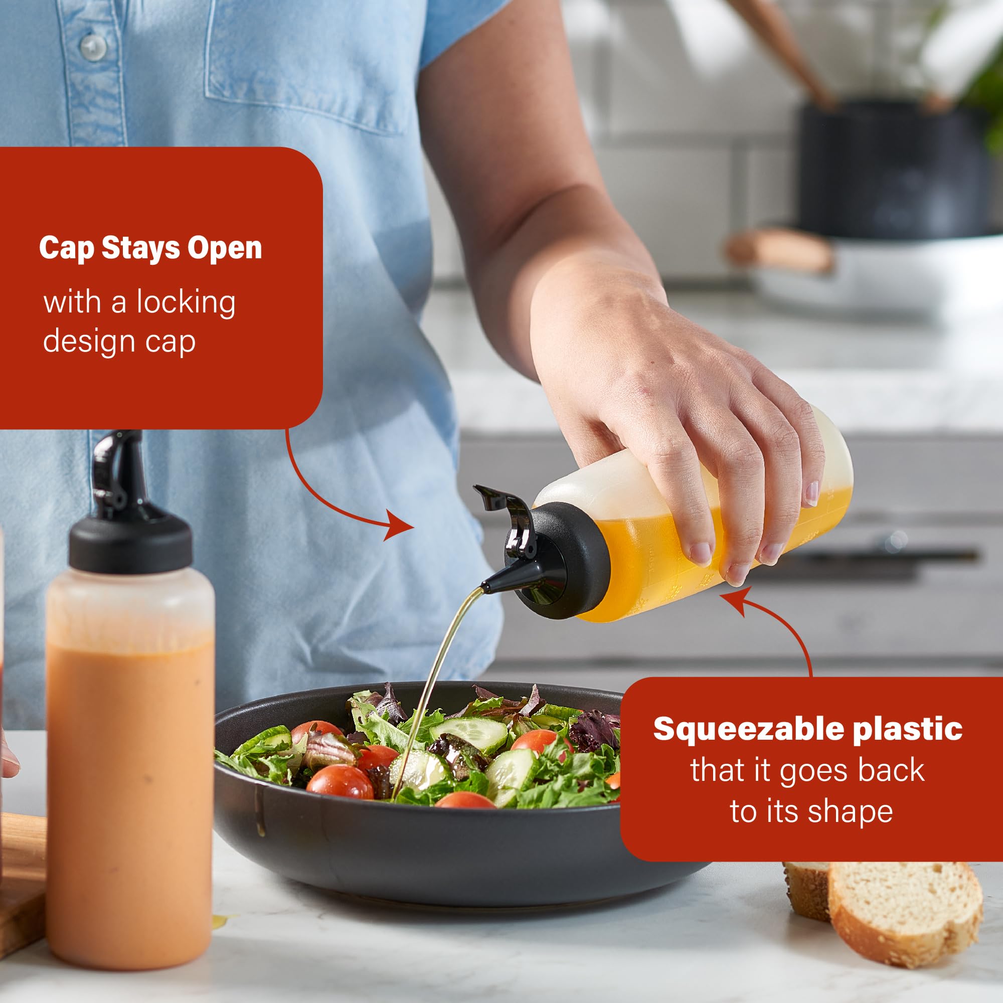 MIGHTY STRONG Paquete de 6 botellas exprimibles de condimentos de 8 onzas, botellas de salsa fáciles de verter con tapa a prueba de fugas, botellas de plástico para salsas, botellas de condimentos,