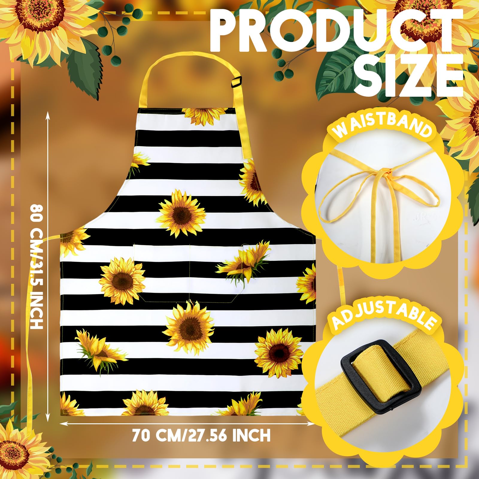 Geetery 4 delantales impermeables de girasol para mujer, para cocina, cocina, lindas flores, rayas, ajustables, con lazos largos (clásico)