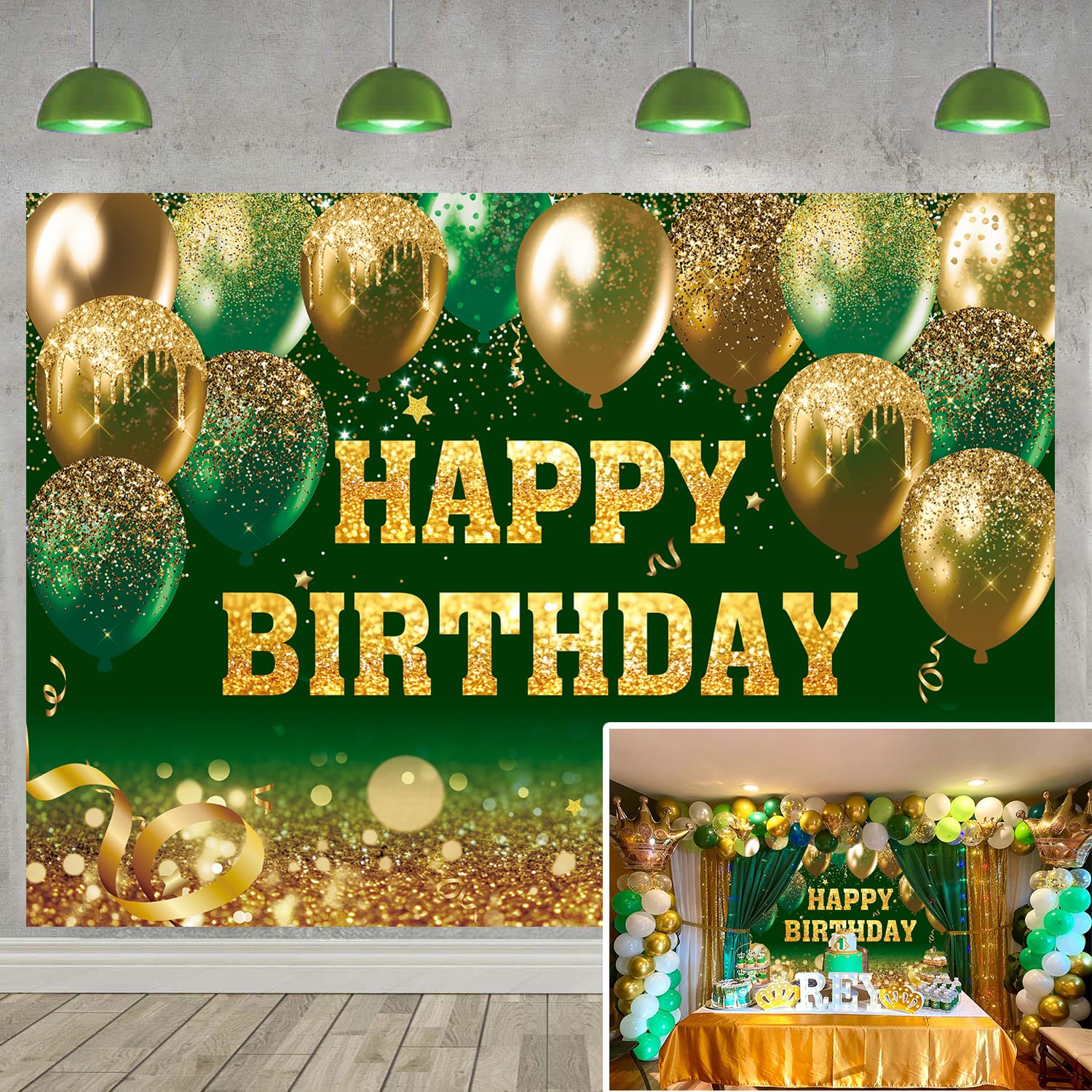 Green Gold Happy Birthday Backdrop Gold Green Glitter Bokeh Balloon Sequin Birthday Photography Background for Women Men Kids Happy Birthday Party Decoration Banner (Green, 82x59 inch (7x5FT))