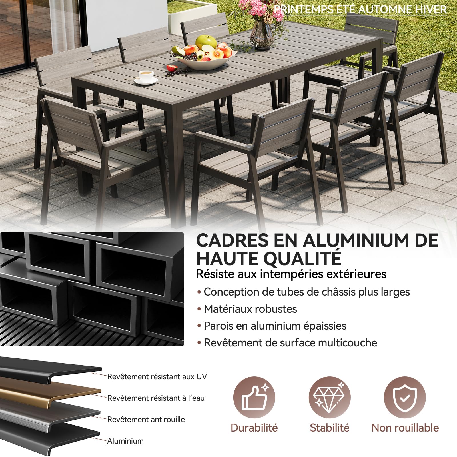 Devoko Gartenmöbel Set 8 stühle mit tischt, Hochwertiges Gartenset Tisch und stühle in Holzoptik, Balcony Furniture alu, Gartengarnitur wetterfest, rostfrei, leicht und langlebig, Dunkelgrau.