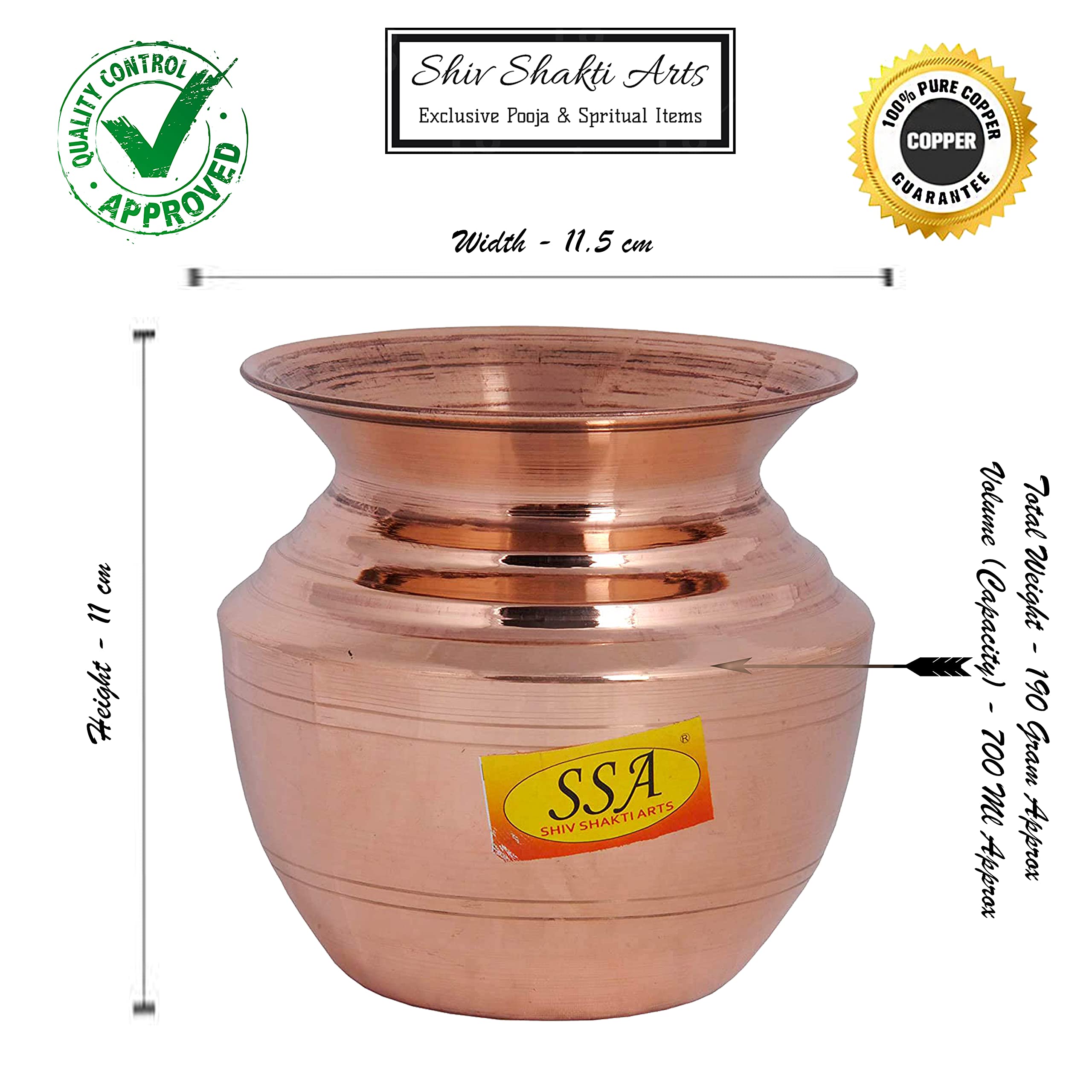SHIV SHAKTI ARTS Handmade Pure Copper Kumbha Kalash/Lota with Lid Rounded & Curved Design Volume=700 ML for Diwali, Pooja, Festival-Home Decoration::Set of 1