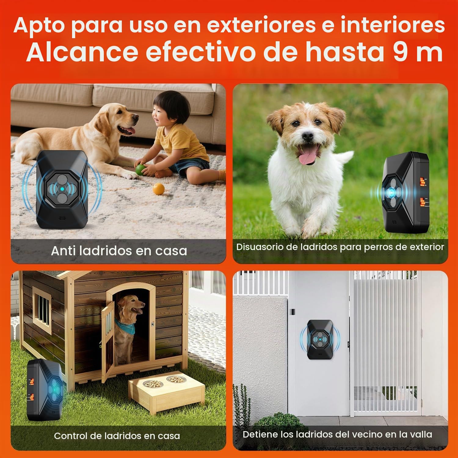 WUGEIN Ahuyentador de Perros Ultrasonidos,3 Frecuencias antiladridos,USB Recargable,Dispositivo Impermeable automático antiladridos Interior Exterior para Perros Pequeño Mediano Grande,33FT Alcance