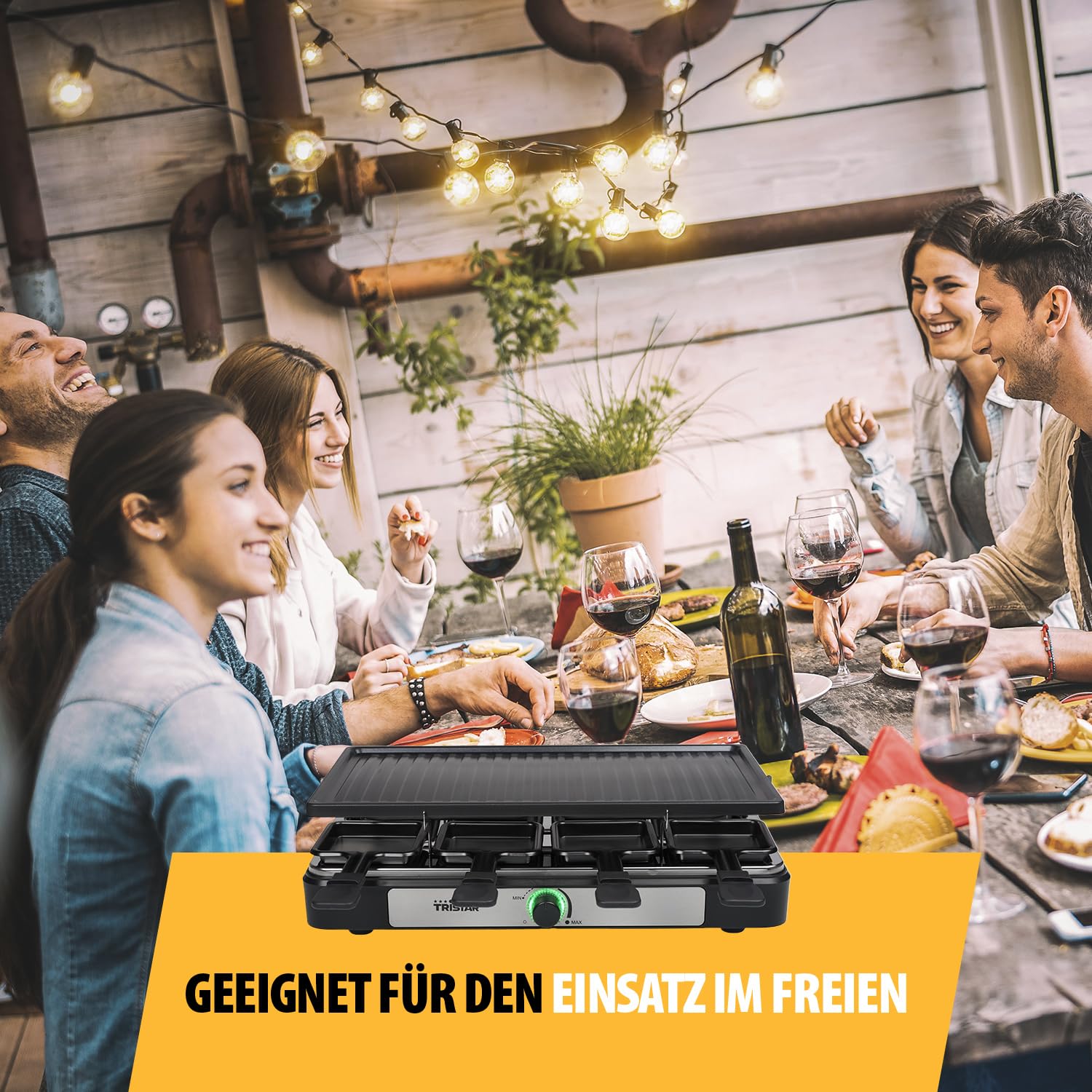 Tristar Raclette – 8 Personen – Kochfläche 42 x 23 cm – Einstellbarer Thermostat mit Lichtring – 1400 W – Schwarz – RA-2746