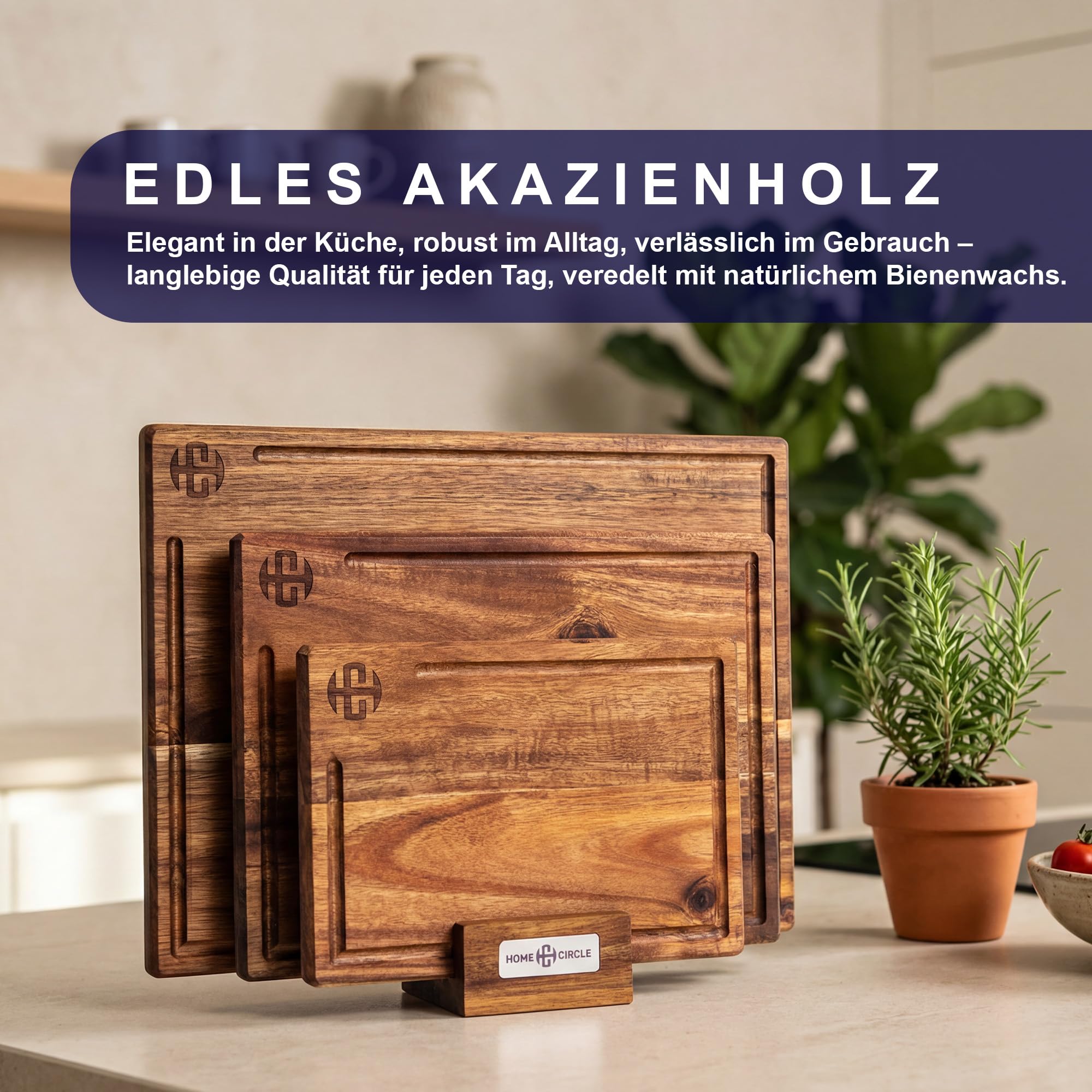 Schneidebrett Set 3-teilig aus massivem Akazienholz, 2 cm dick, 40 x 30/33 x 24/26 x 18 cm, mit Halter, Saftrille und Bienenwachs-Veredelung