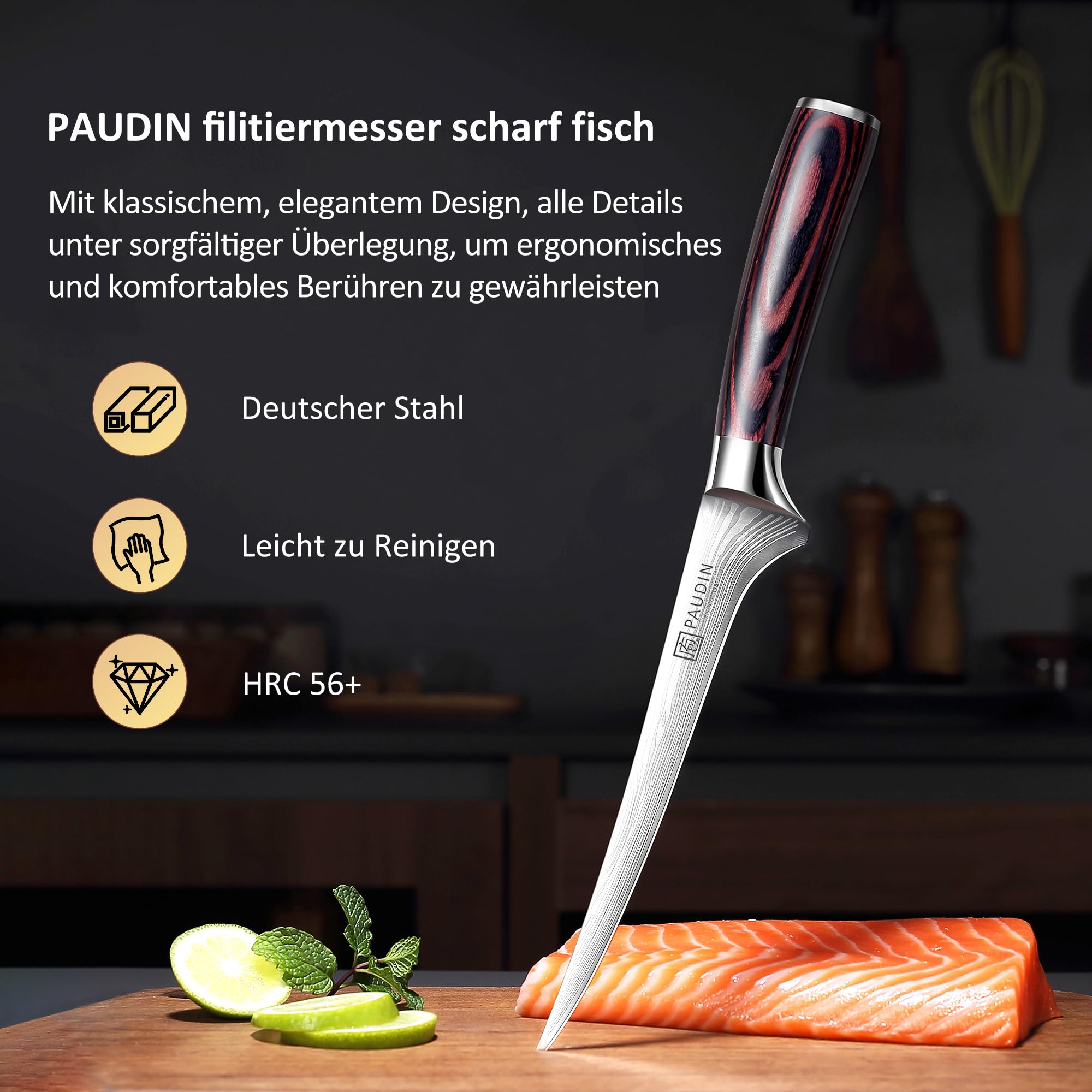 PAUDIN Filetiermesser Fisch 18 cm, Professionelles Küchenmesser Fischmesser, Ausbeinmesser aus Hochwertiger Carbonstahl, Ultrascharf Fleischermesser Fischfiletmersser mit Ergonomischem Pakkaholzgriff