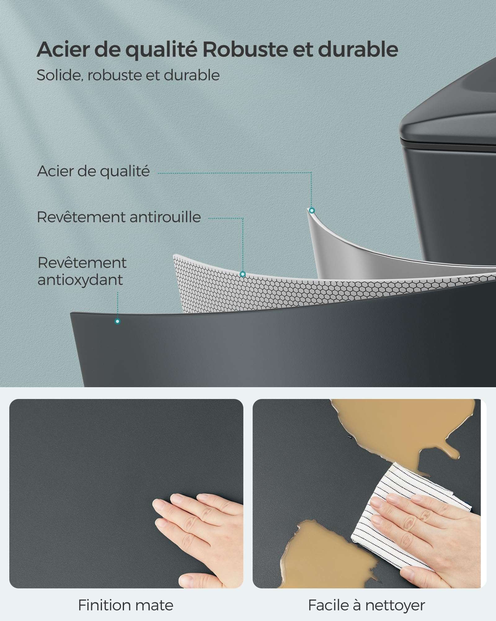 SONGMICS Poubelle de Cuisine 48L, Poubelle à Pédale, Acier, Gris Anthracite