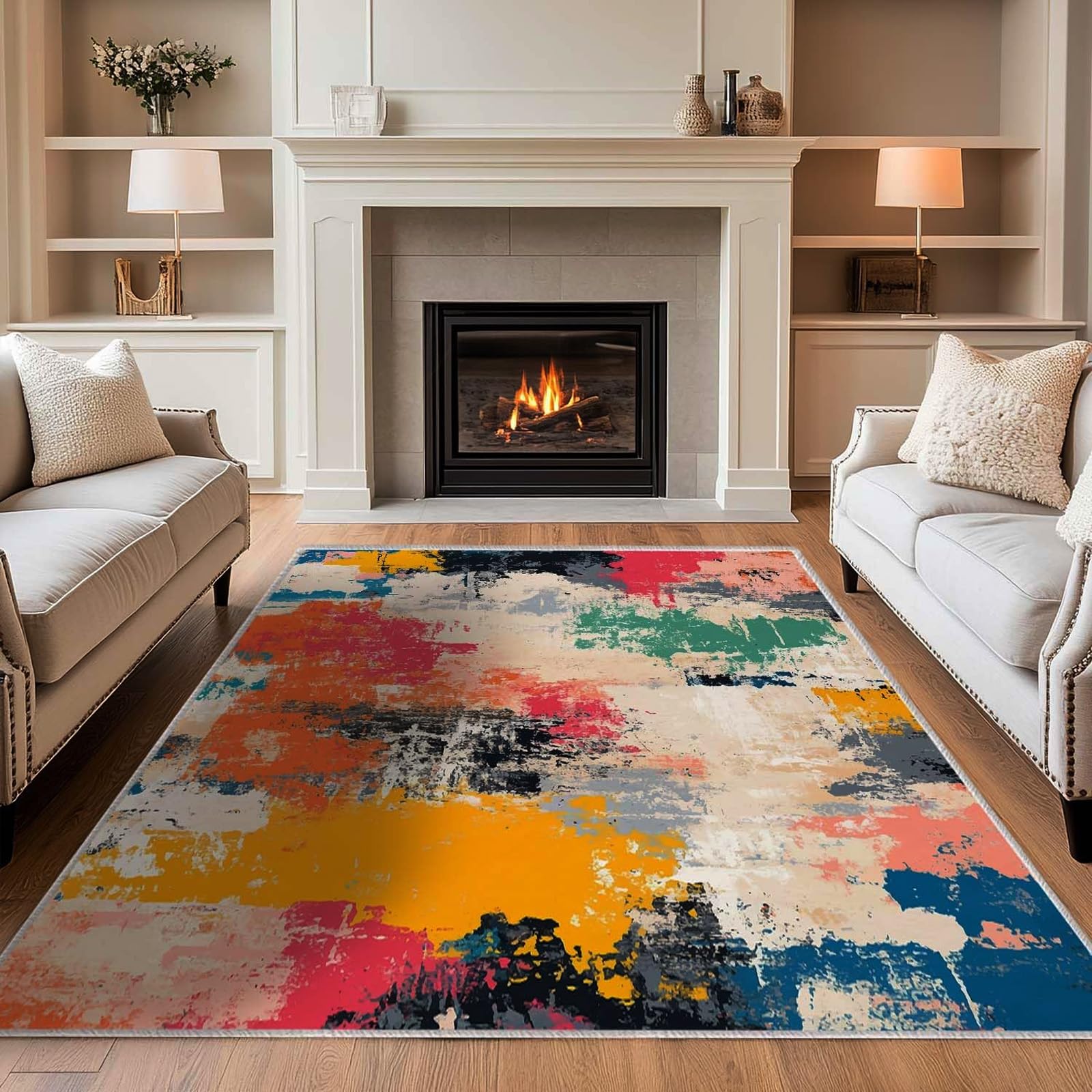 Tapis poils ras abstrait moderne rouge beige noir 140x200 cm pour salon et bureau