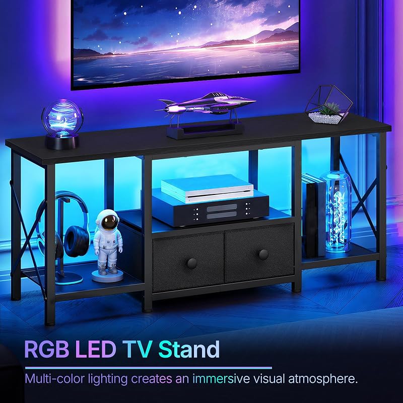 TV Stand with LED Lights, Entertainment Center with 2 Fabric Drawers image 4