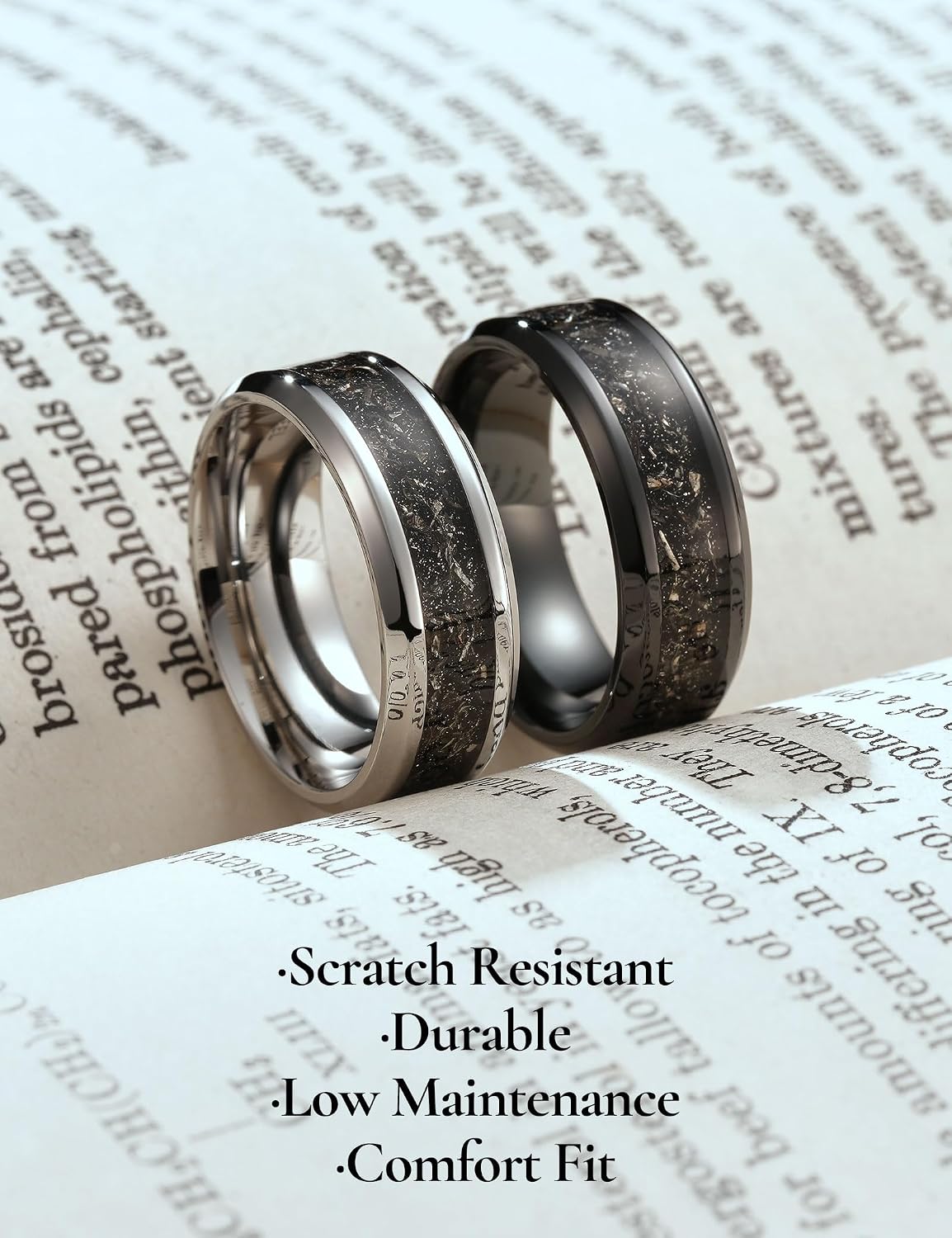 THREE KEYS JEWELRY 8mm Silver Stainless Steel Rings, Men's Wedding Rings Meteorite Inlay Domed Ring for Men Women, Comfort Fit, Durable