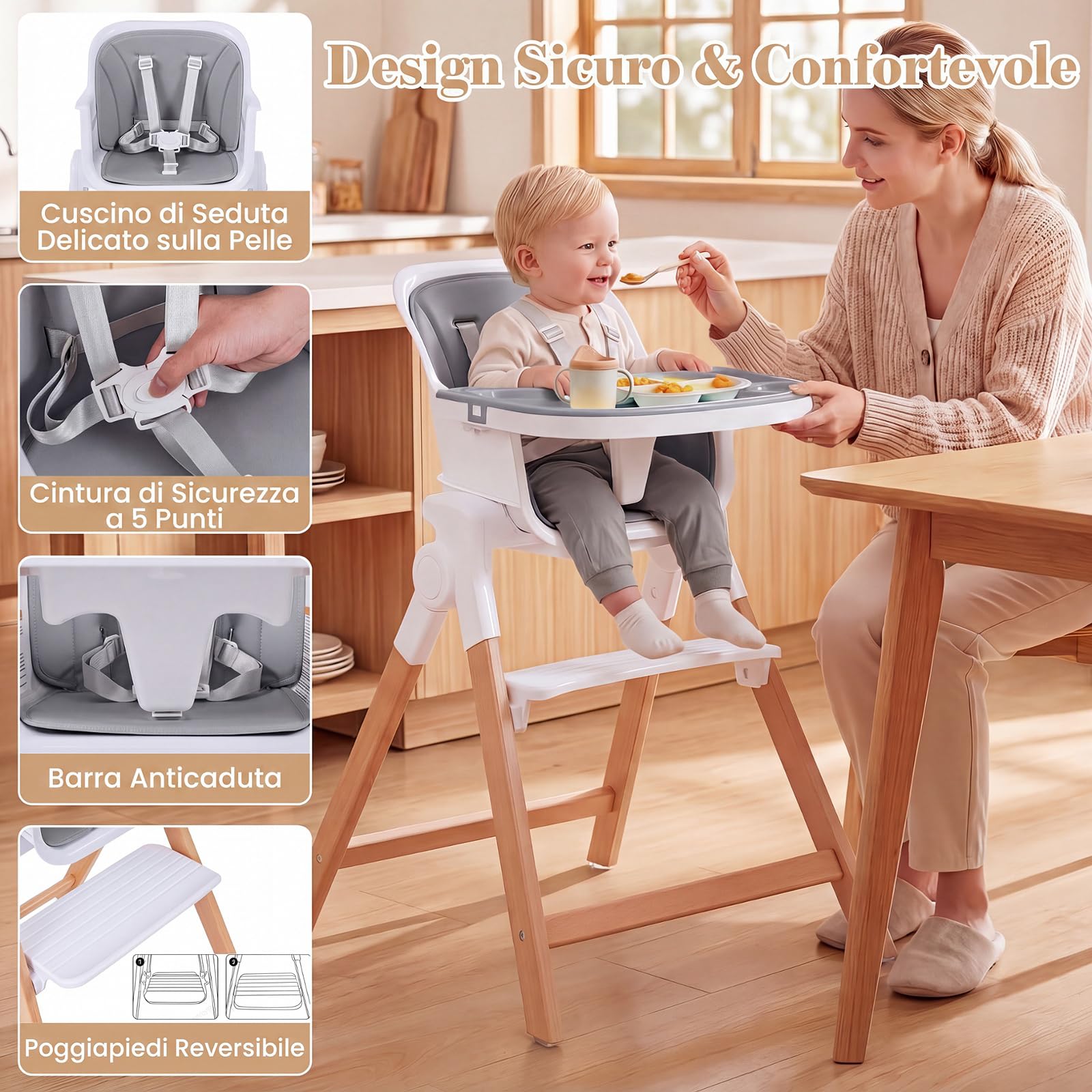 COSTWAY Seggiolone Pappa Pieghevole 4 in 1 con Cuscino di Seduta (Grigio) | Seggiolone per Neonati 6-36 Mesi con Vassoi Rimovibili, Portabicchieri, Cintura di Sicurezza e Gambe in Legno