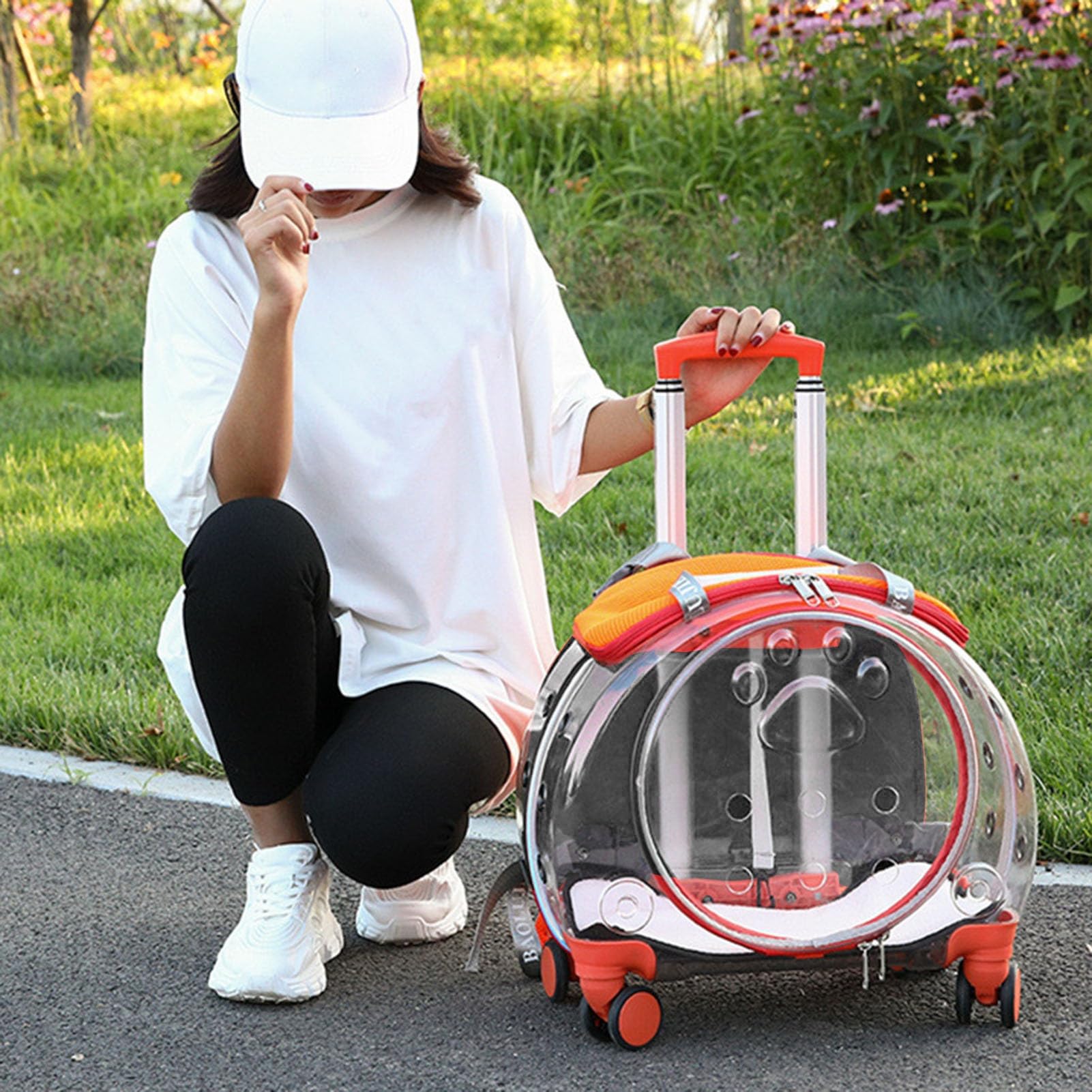 Katzentragetasche mit leisen Rädern, Rolltasche für Haustiere mit transparenten Belüftungslöchern, tragbarer Hunderucksack, Reisetragersitz für Katzen/Hunde, Haustier-Trolley-Tasche für Reisen, Orange