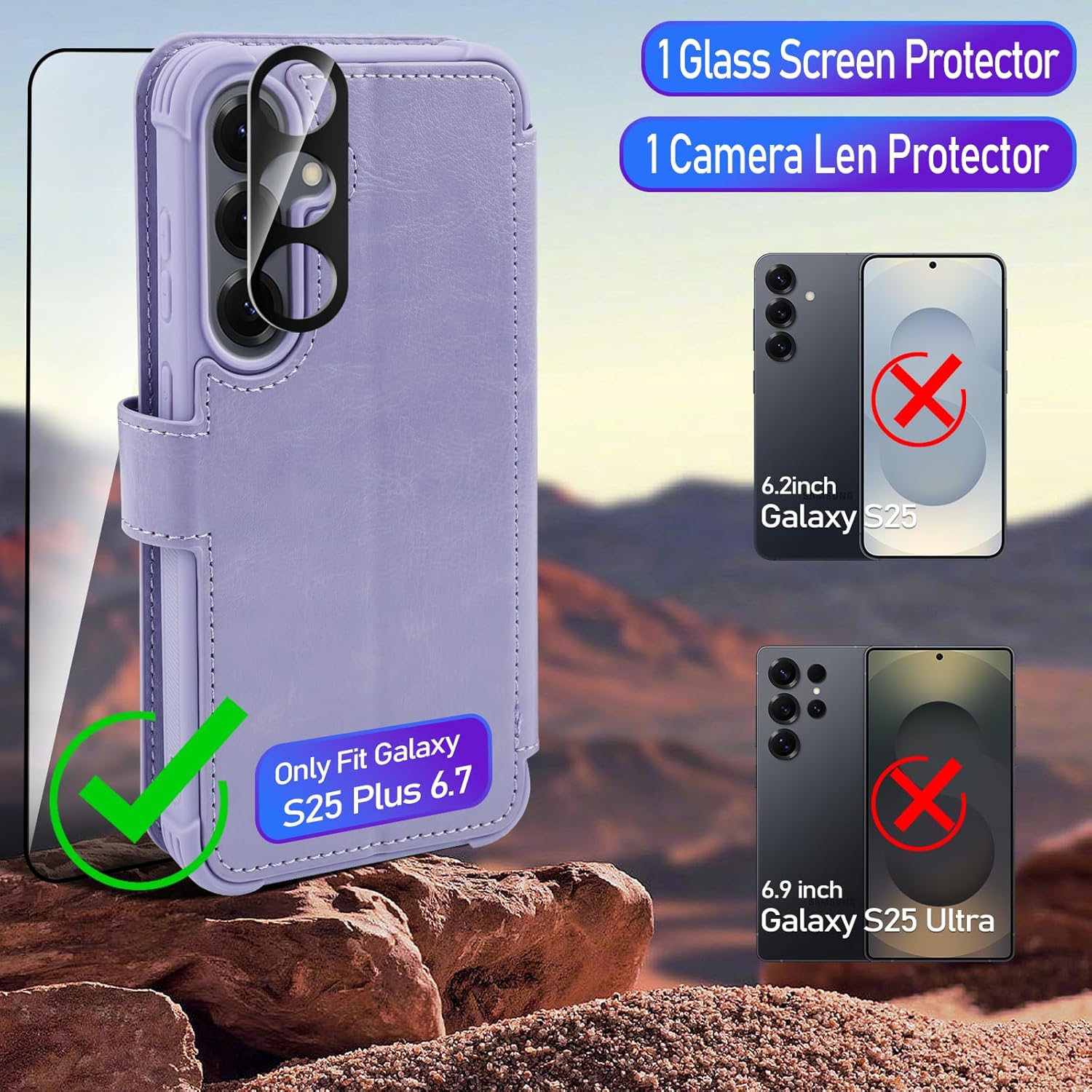 VANAVAGY Wallet Case for Galaxy S25+ Plus with RFID Blocking Card Holder, Folio Flip Leather Magnetic Phone Cover with Wrist Strap for Wireless Charging Phone Case for S25+ 6.7inch, Clove Purple
