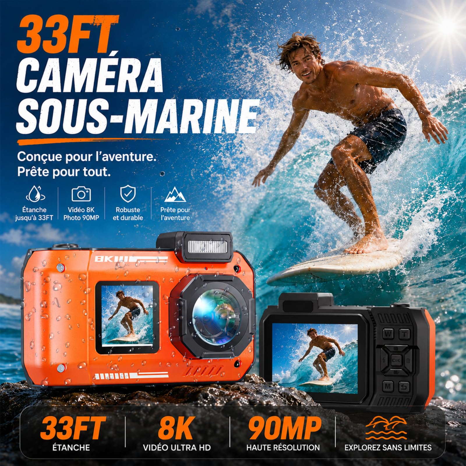 MaxMango D50 33FT Appareil Photo Numérique Etanche，8K 70MP Caméra sous-Marine avec 16 Go de Stockage, Double écran 18x, Résistante à la Poussière et Aux Chocs, Autofocus - Orange