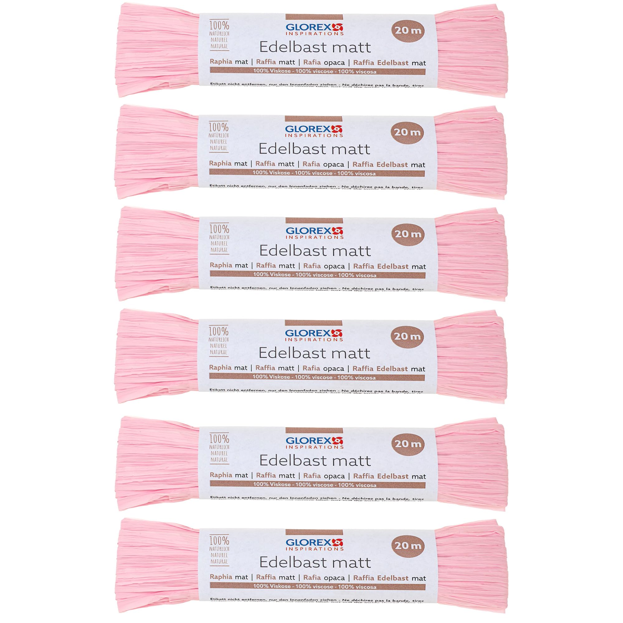 GLOREX 6 9400 504K Raffia Edelbast, 6 Bundles Each 20 m Matte Raffia, Pink, for Crafts, Decoration or for Arrangements, Bouquets and Other Floristry Work