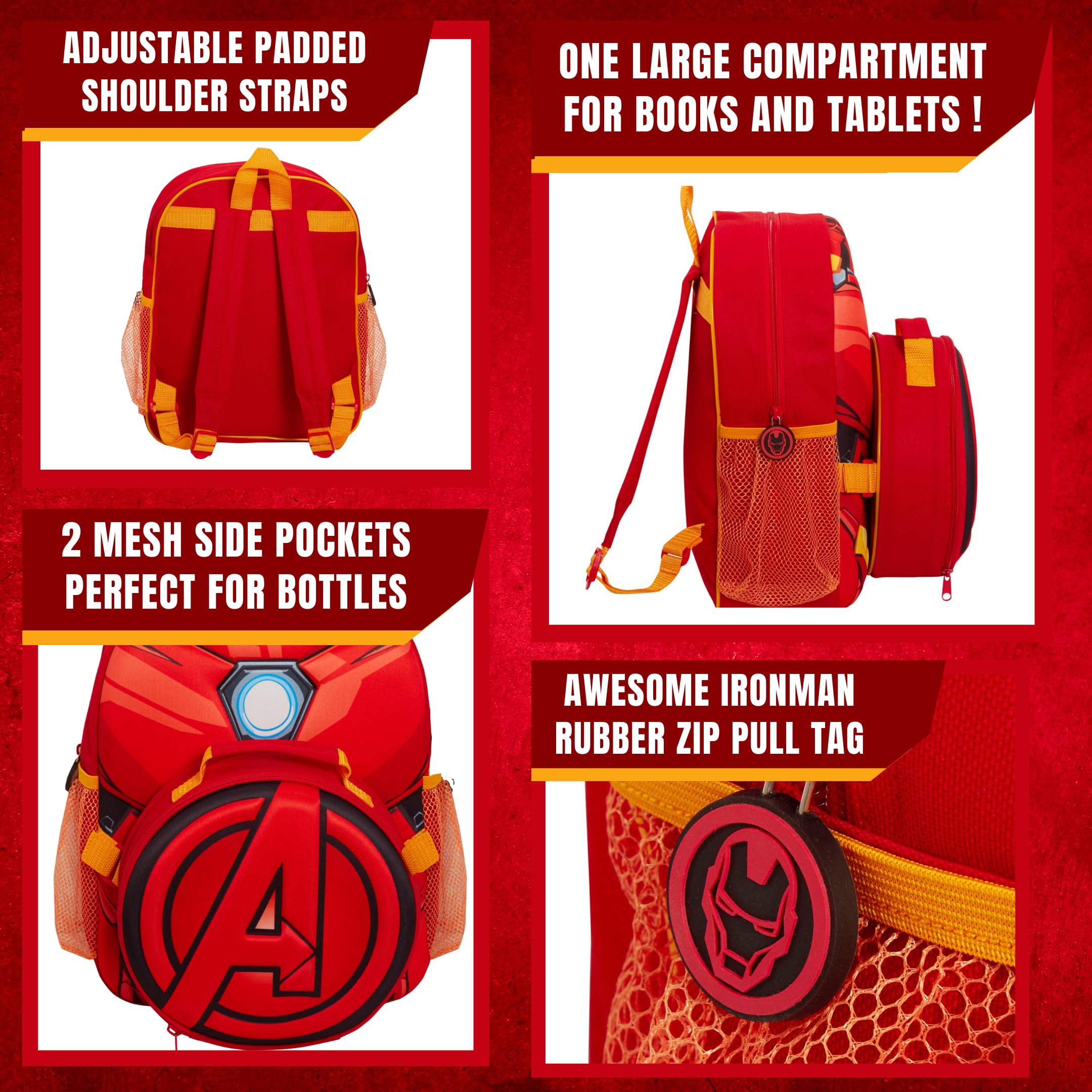 Marvel Kinder Iron Man Rucksack Avengers Abnehmbare Lunchtasche Wasserflaschenhalter passendes 2-teiliges Set