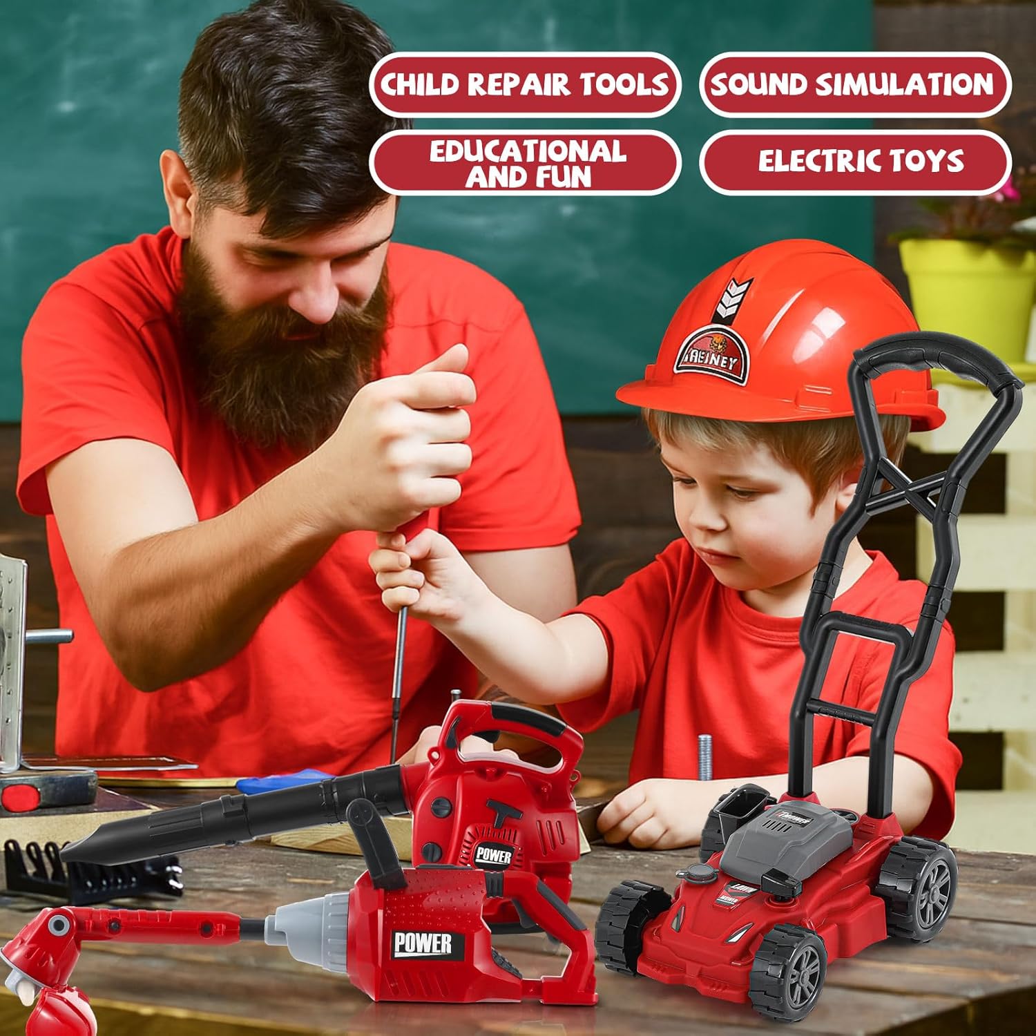 4 Pcs Toy Gardening Tool Set for Kids Toy Leaf Blower Weed Trimmer Hedge Trimmer Push Lawn Mower Battery Play Set Christmas Birthday Party Gift for Boys Girls