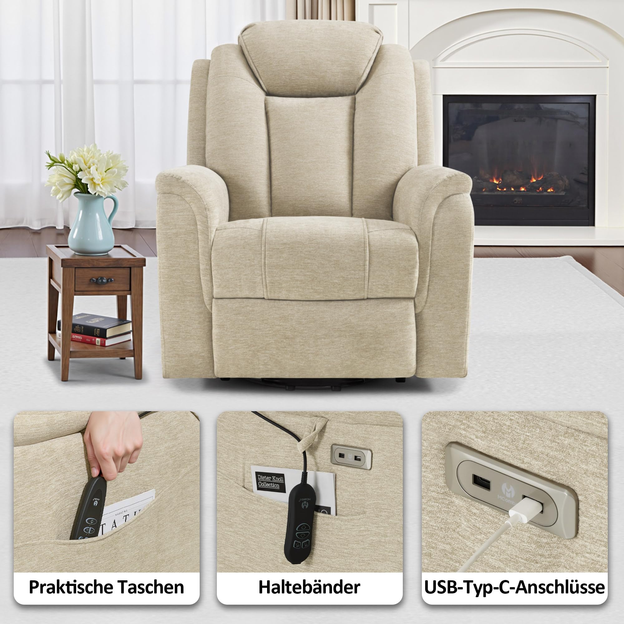 M MCombo Fernsehsessel mit Aufstehhilfe Elektrisch, 2 Rollen für Mobilität, Massage & Heizung, Verstellbare Kopfstütze, Sessel mit Aufstehhilfe 35D Vollschaum-Sitzkissen 7269 (Beige-Stoff)