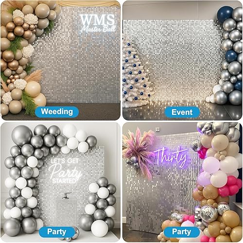 Miniatura 7 de EMART Telón de fondo de pared brillante plateado con lentejuelas, decoración de fondo de fotos para fiestas, cumpleaños, bodas, 12 unidades