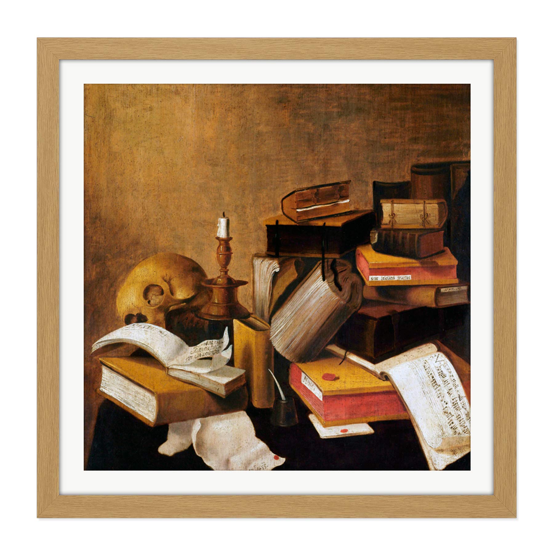 Artery8 Vanitas Still Life With Books Painting Square Wooden Framed Wall Art Print Picture 16X16 Inch
