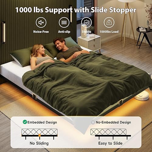 Miniatura 6 de Base de cama tamaño Queen, marco de cama flotante con luces LED inteligentes y estación de carga, plataforma de metal moderna con tapón deslizante