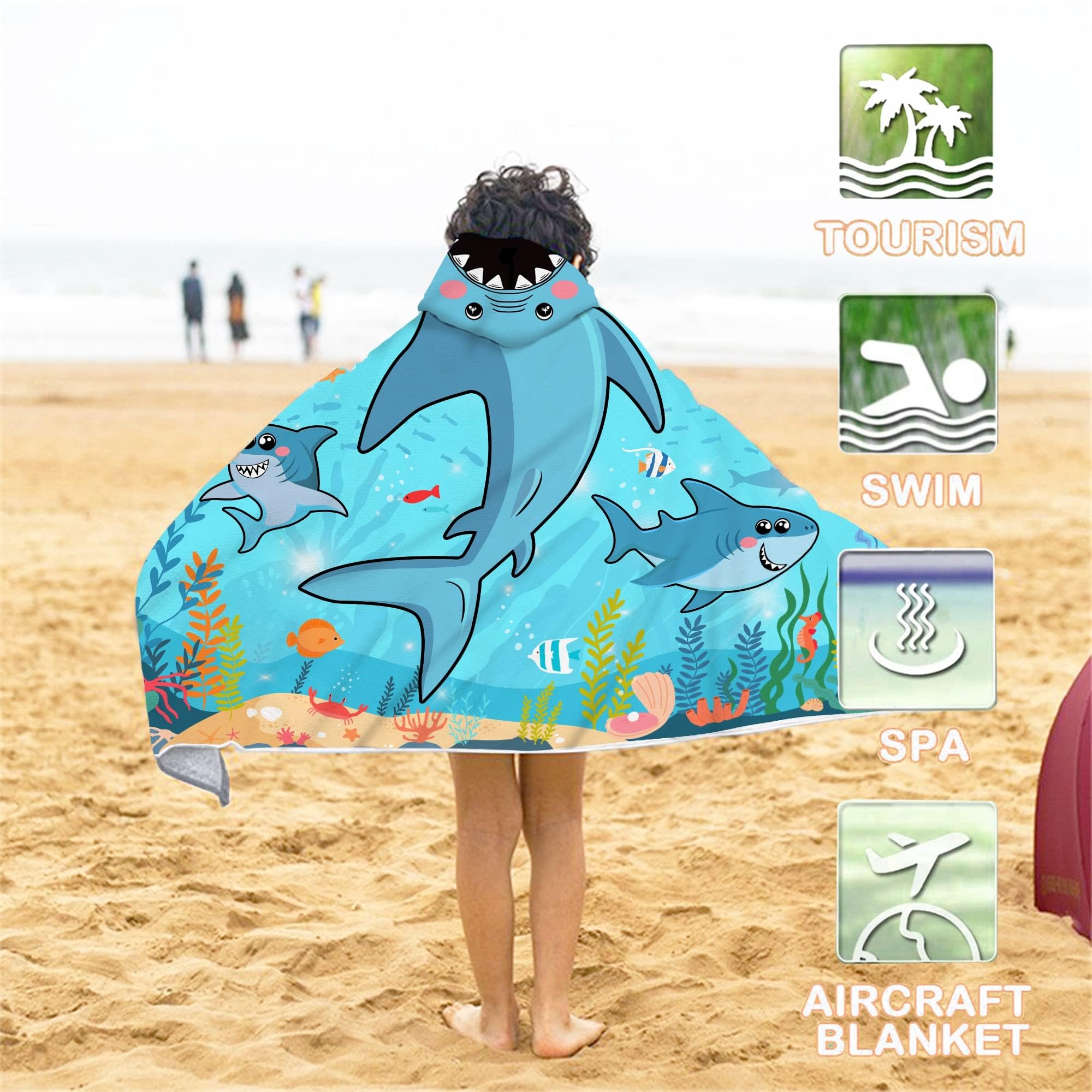 Bonsai Tree Toalla de playa con capucha de tiburón para niños, toalla de baño con capucha para niños, divertidos animales marinos de microfibra, súper absorbente, suave, poncho para piscina de cerdos