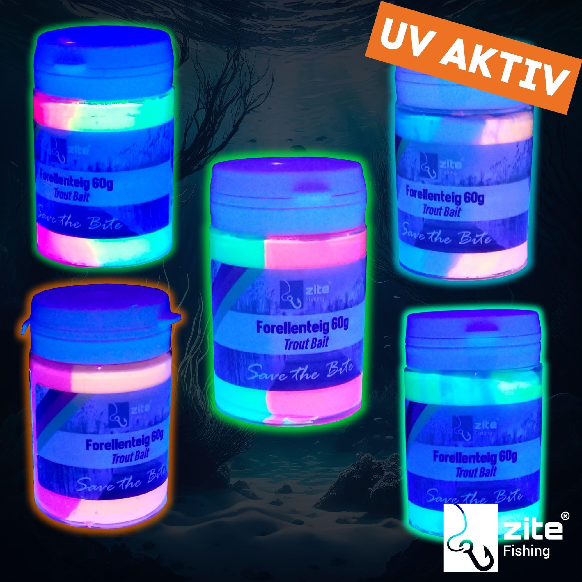 Zite Fishing Lot de 6 pâtes à truite – Pâte de pêche avec paillettes, arômes spéciaux et couleurs – 6 x 60 g Pâte à pêche avec ail, réglisse, fraise et crabe