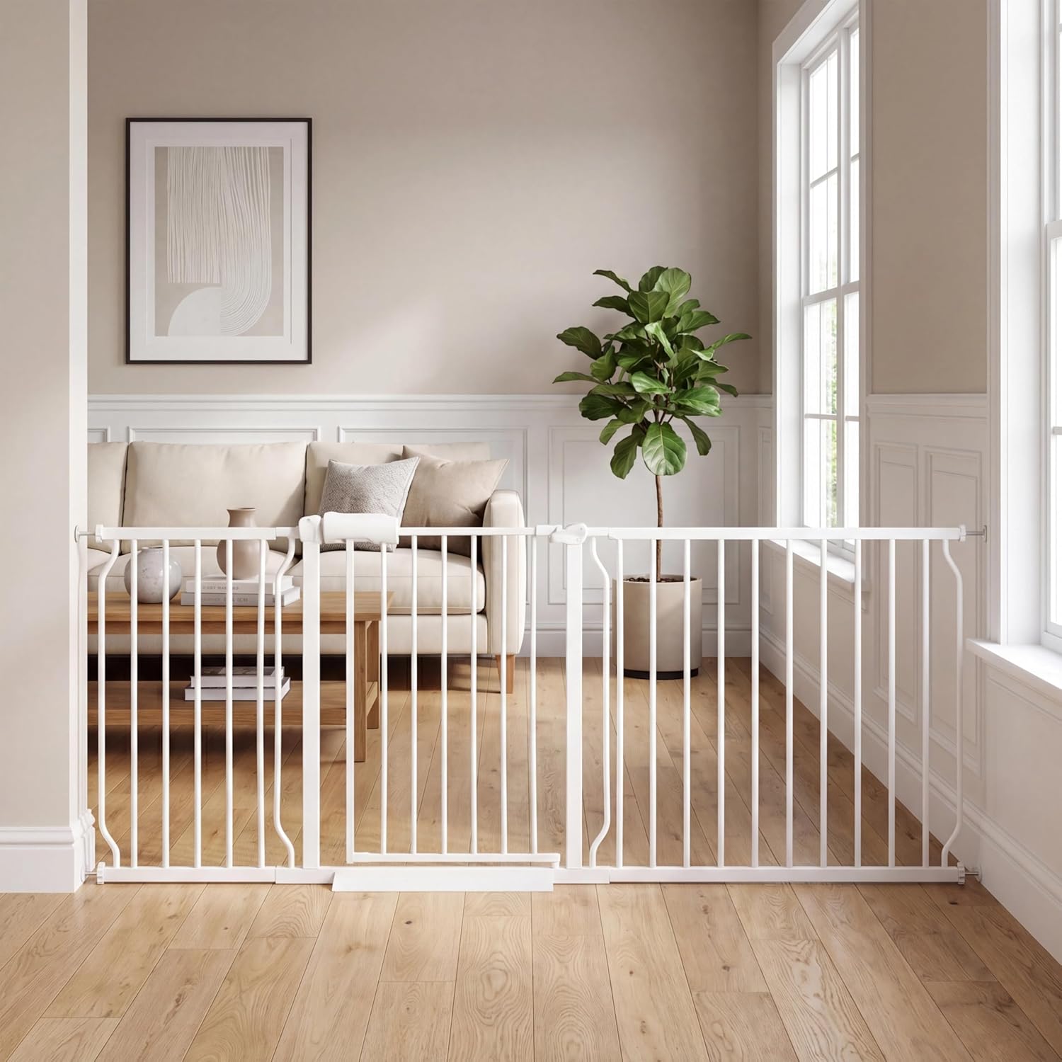 Extra Wide Baby Gates - 71.6-76.4 Inch, Heavy Duty Baby & Pet Safety Gate, White Metal, Tension Mounted Child & Pet Gates for Stairs & Doorways