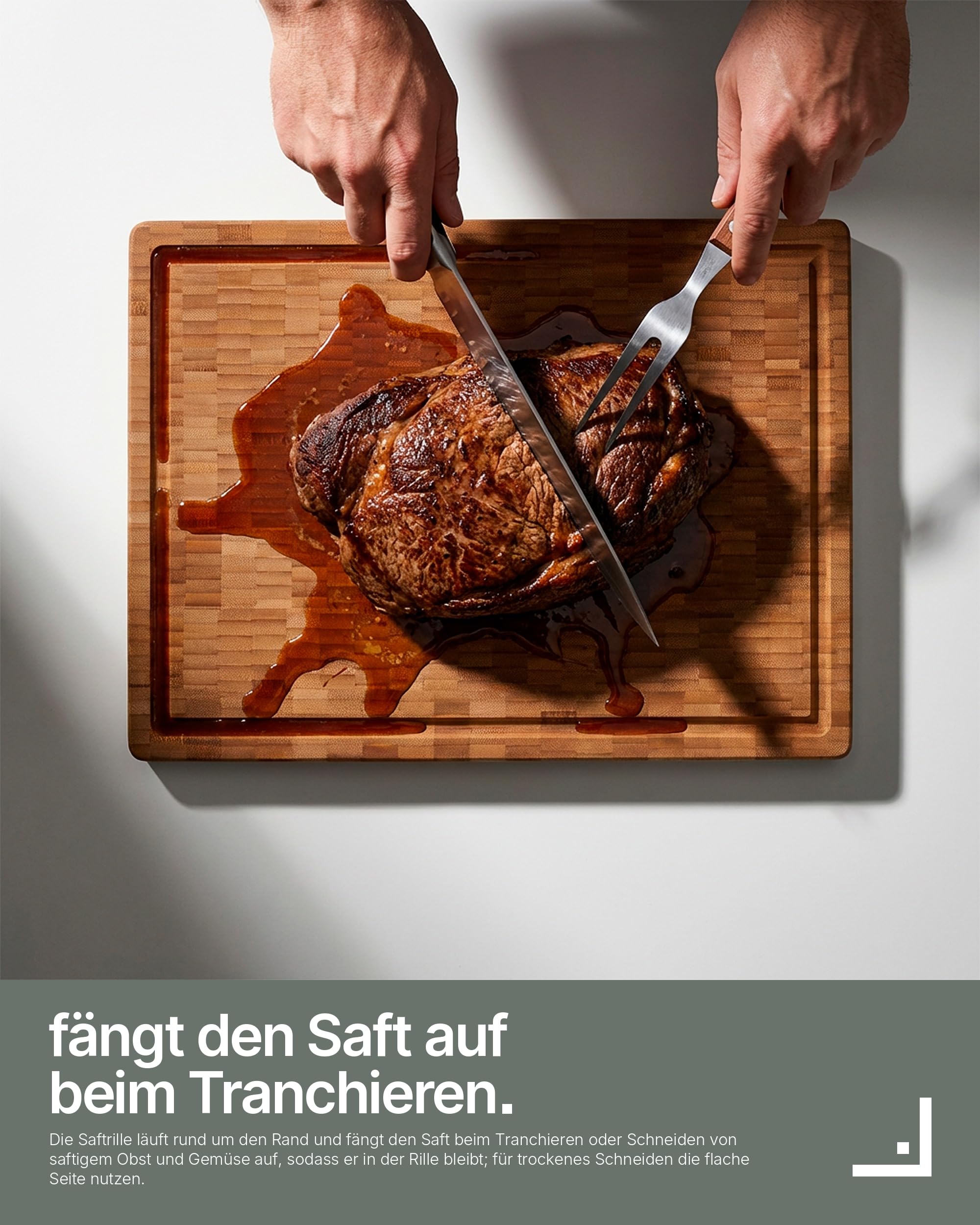 LARHN Stirnholz Hackblock Bambus massiv - 40x30x4 cm - Schneidebrett Holz | Messerschonend, Saftrille, Griff, vorgeölt, wendbar, plastikfrei, für Fleisch, Gemüse, Brot, Käse & Wurst