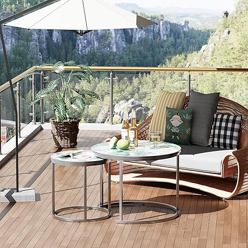 Miniatura 73 de aboxoo Juego de 2 mesas auxiliares blancas con marco dorado, circulares redondas y con patrón de mármol, mesas de madera, sala de estar, dormitorio,