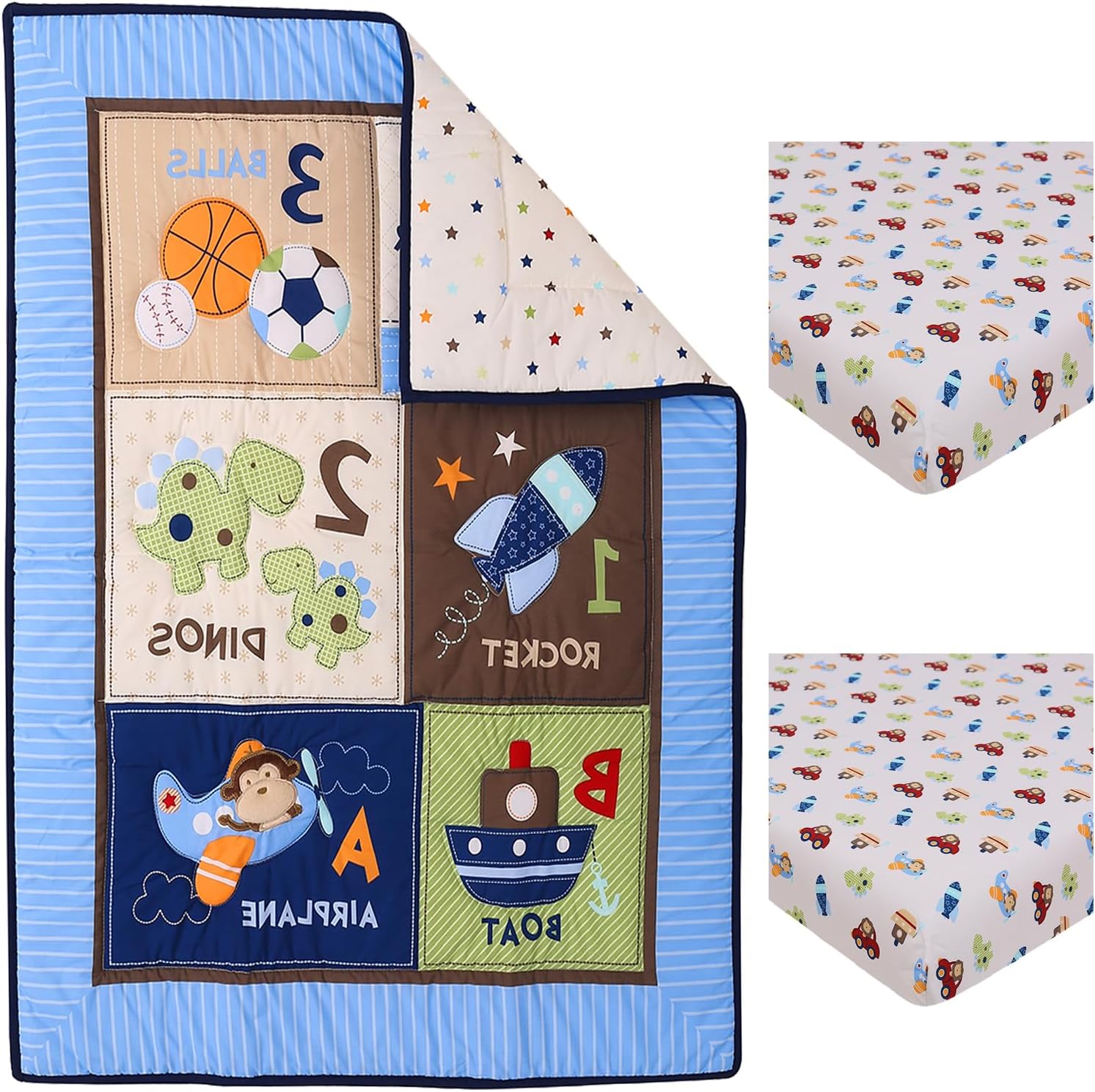 Blue Dino Crib Bedding Set for Boys 1 Quilt 2 Fitted Sheet Plane Ship Car Baby Boy Cot Bedding Set