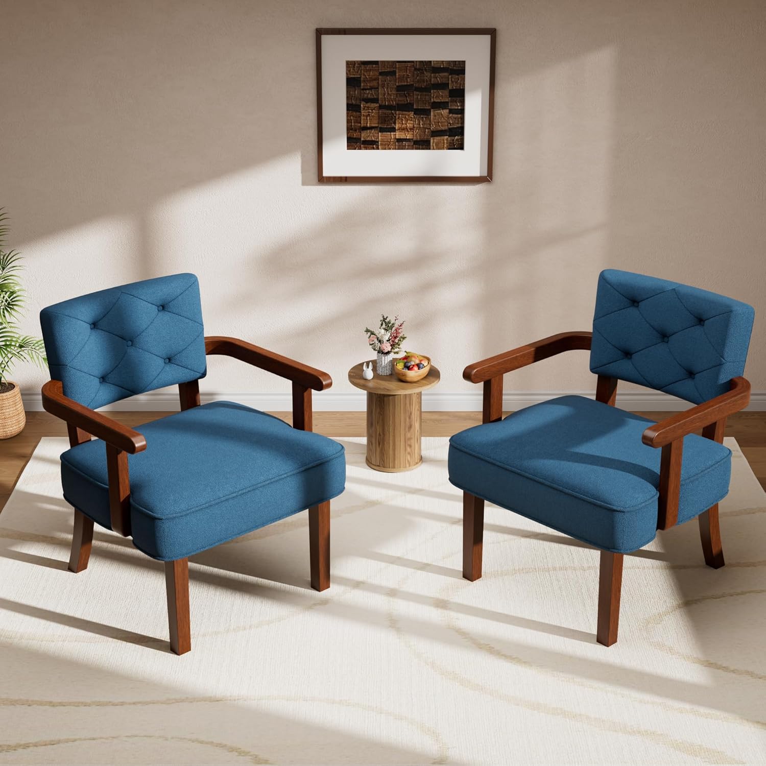 Modern Accent Chairs Set of 2,Butacas para Sala,Mid Century Small Arm Chair,Upholstered Wooden Chairs with Arm Rest,Tufted Backrest,Cushion, for Office,Waiting/Reading/Living Room, Navy Blue