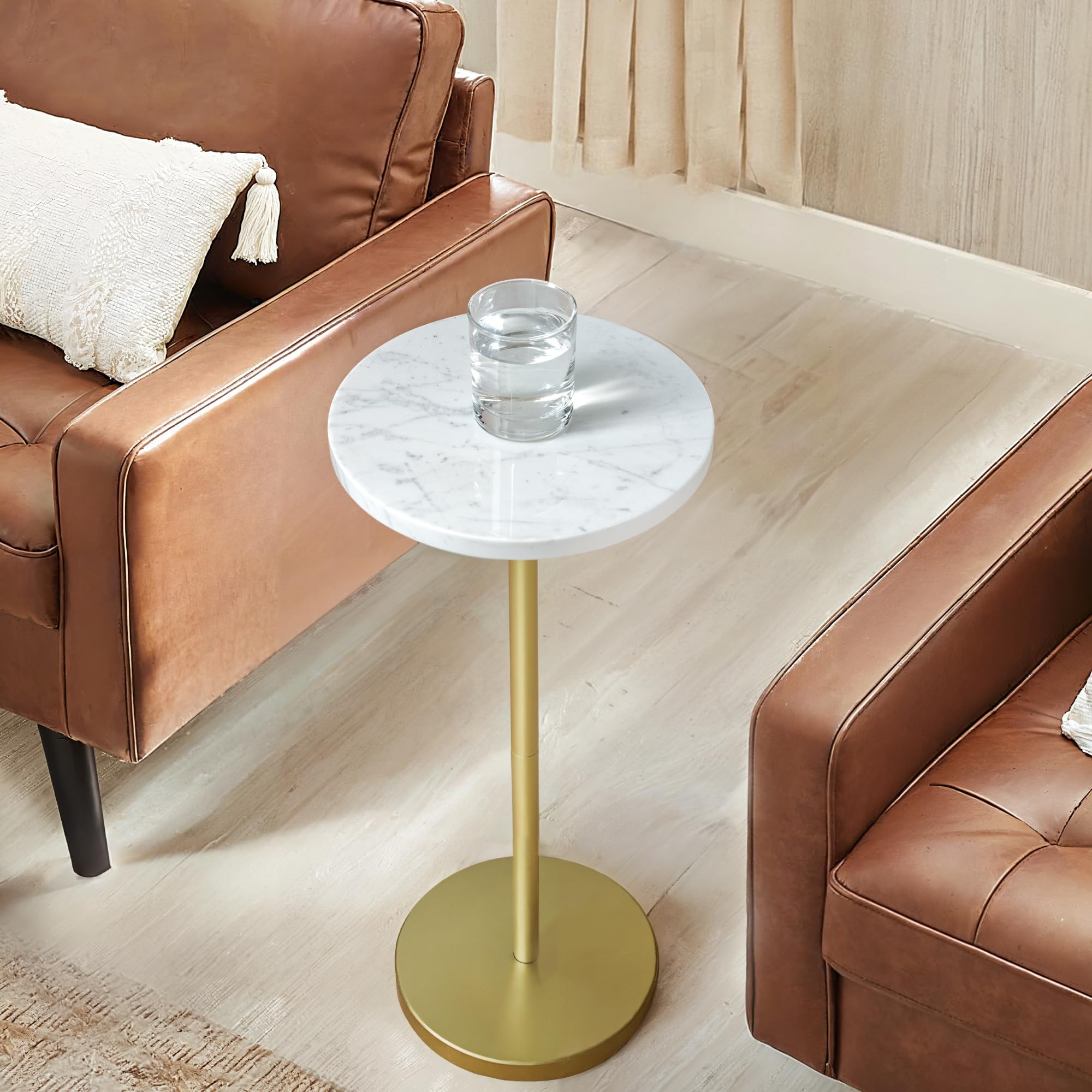 Mesa de bebida de mármol natural, mesa de pedestal, mesa auxiliar redonda pequeña, mesa de Martini para sala de estar, baño, espacio pequeño (blanco) 6